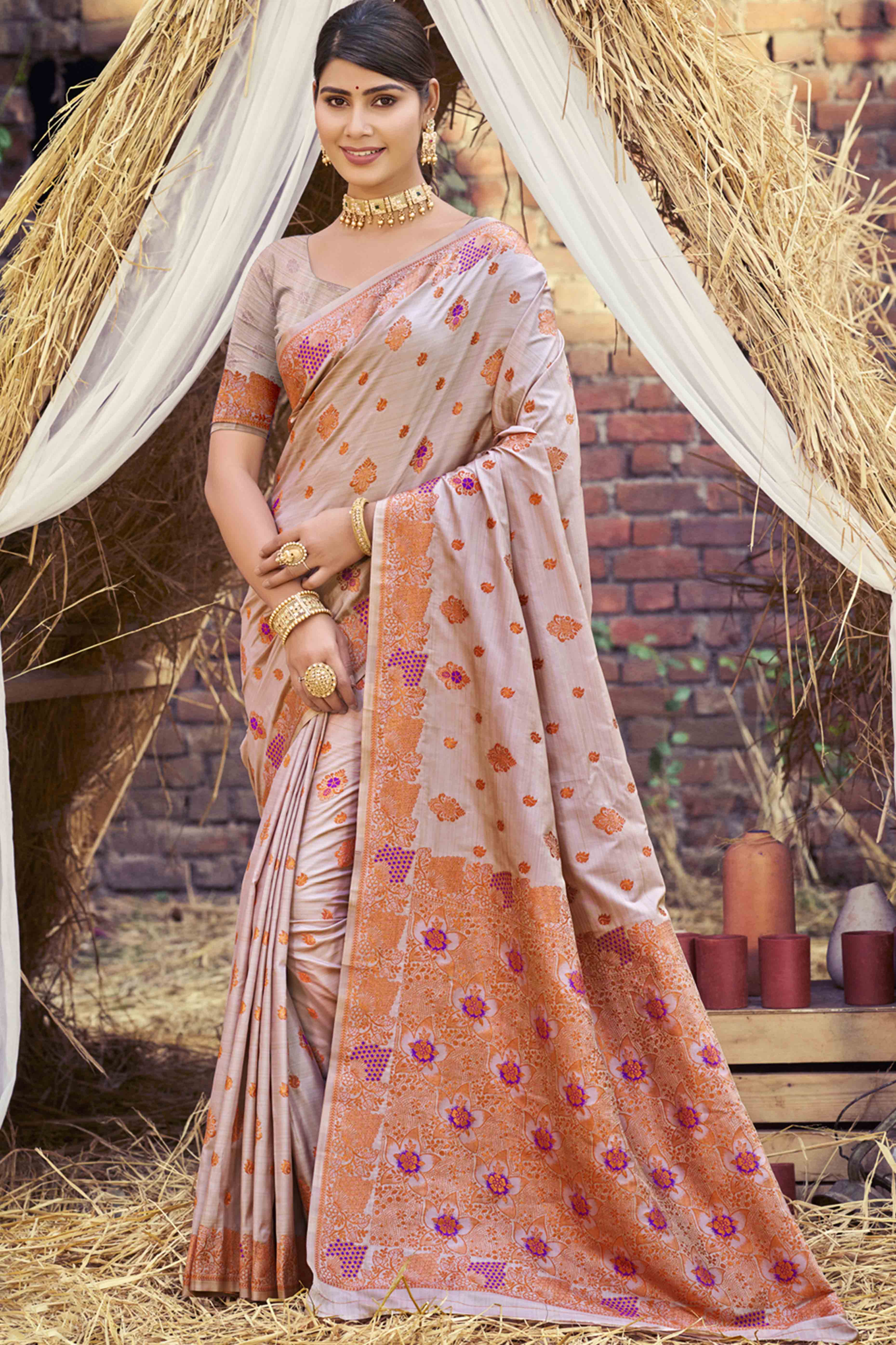 Dusty Grey Banarasi Silk Saree Adorned With Woven Zari Floral Motifs
