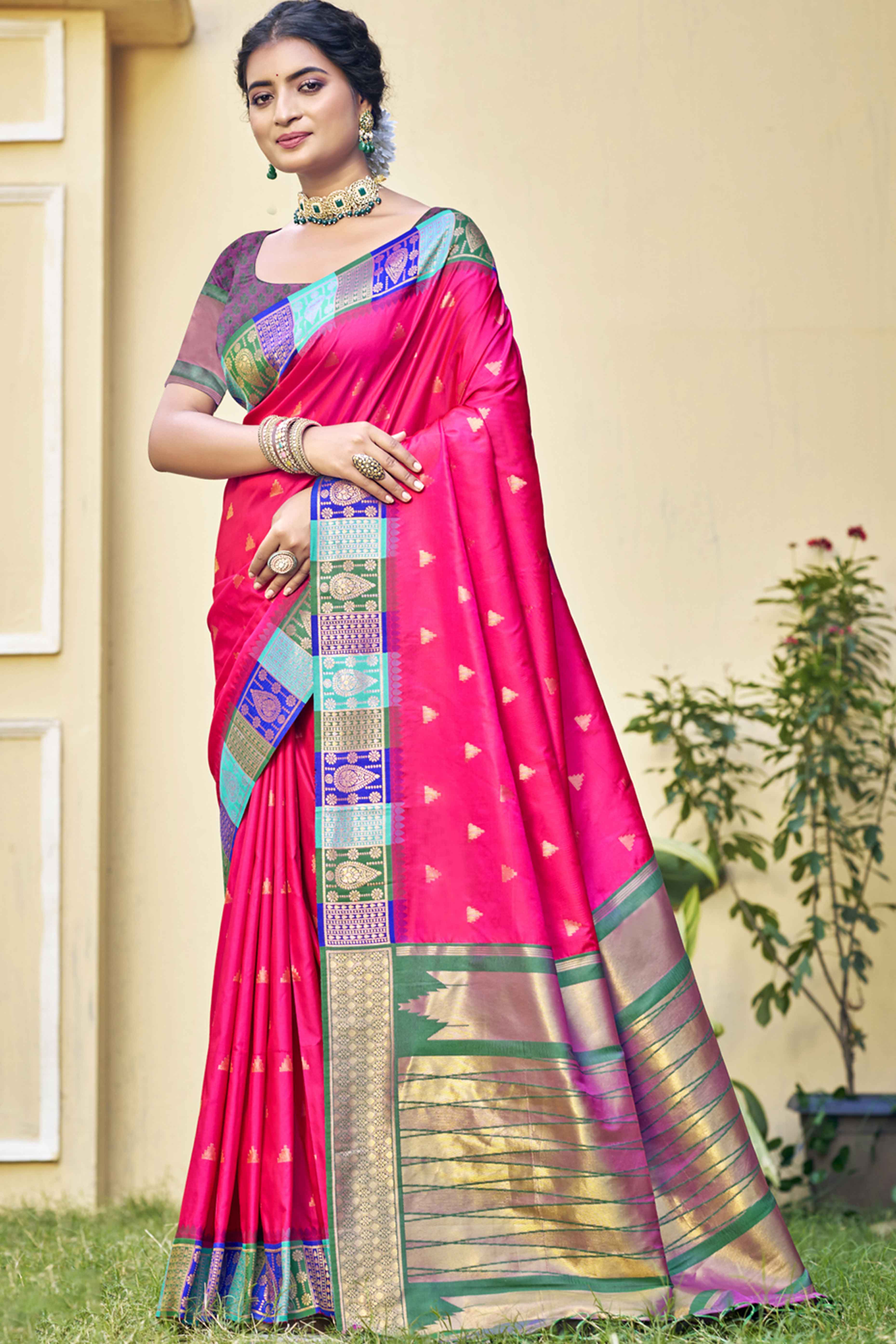 Rani Pink Woven Banarasi Silk Saree With Tassels