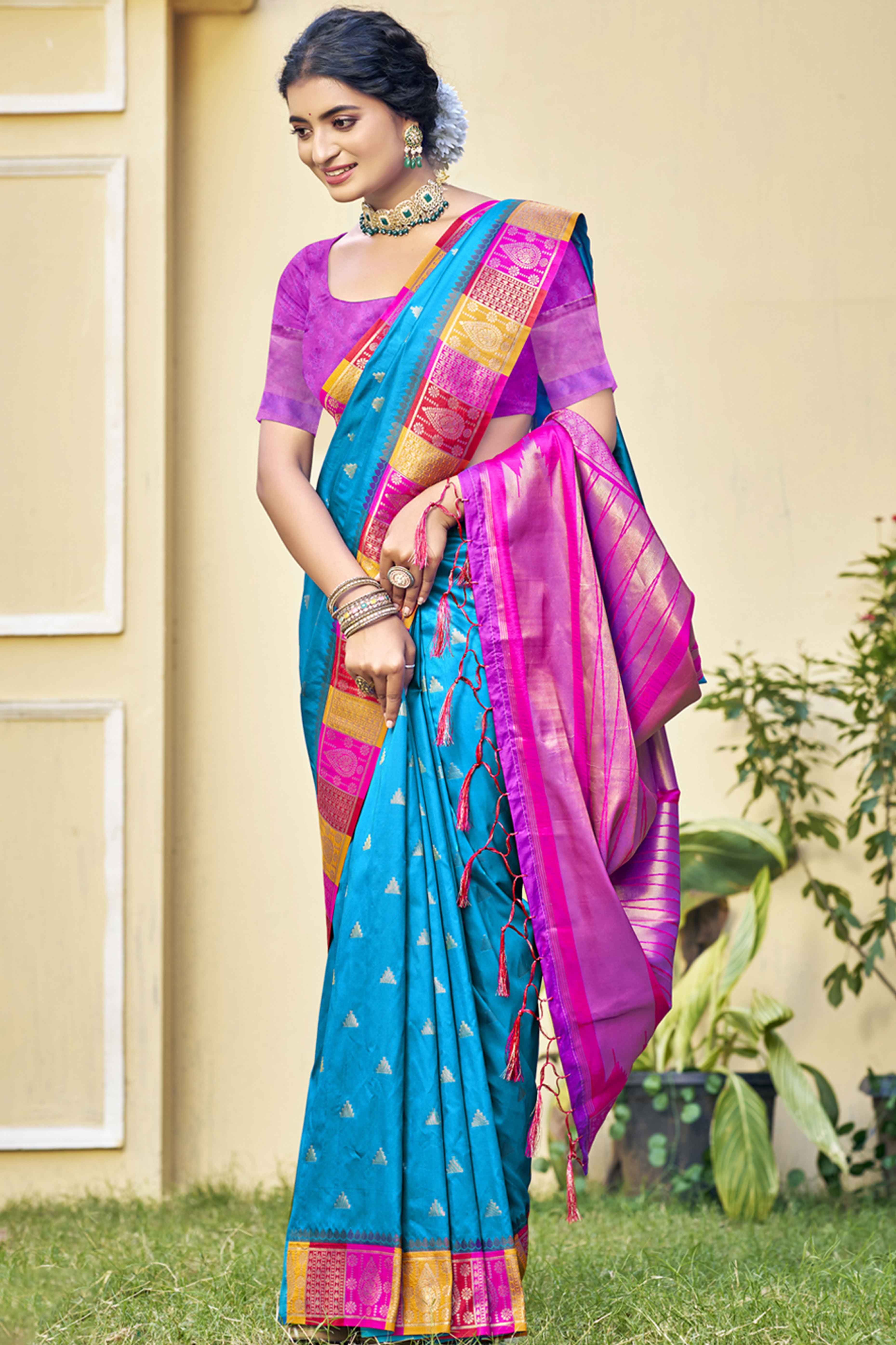 Blue Woven Banarasi Silk Saree With Tassels