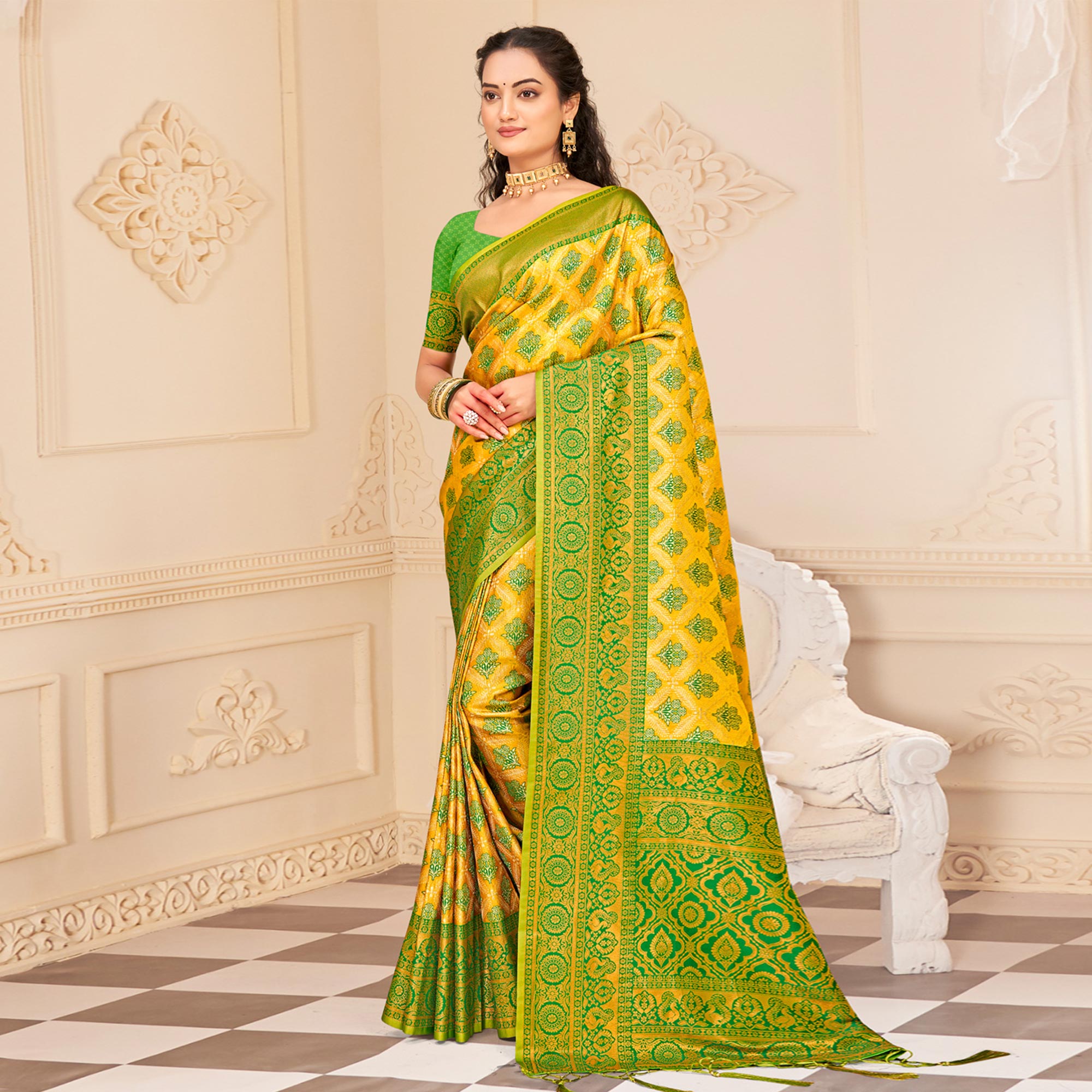 Yellow Floral Woven Kanjivaram Silk Saree With Tassels