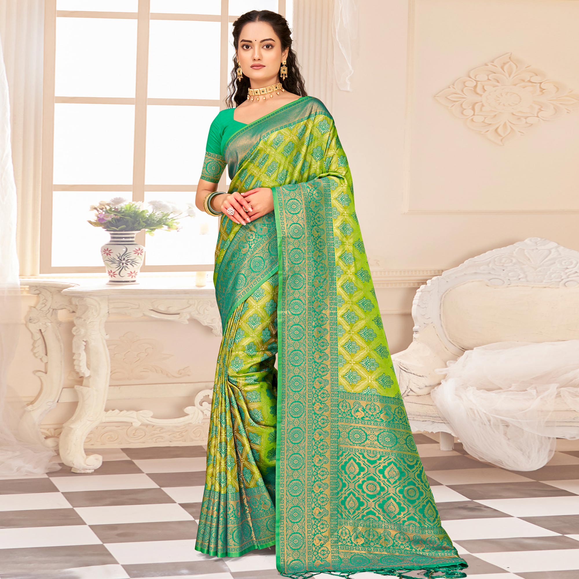 Green Floral Woven Kanjivaram Silk Saree With Tassels