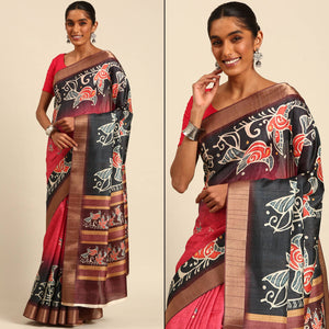 Pink & Black Digital Printed Cotton Blend Saree With Woven Border