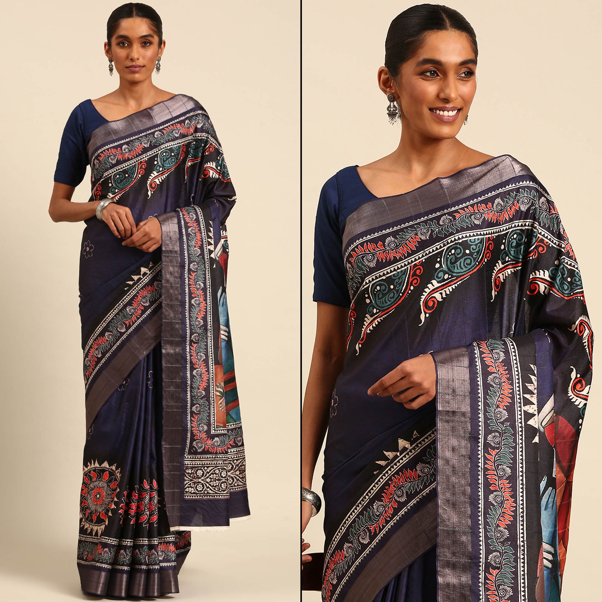 Navy Blue Digital Printed Cotton Blend Saree With Woven Border