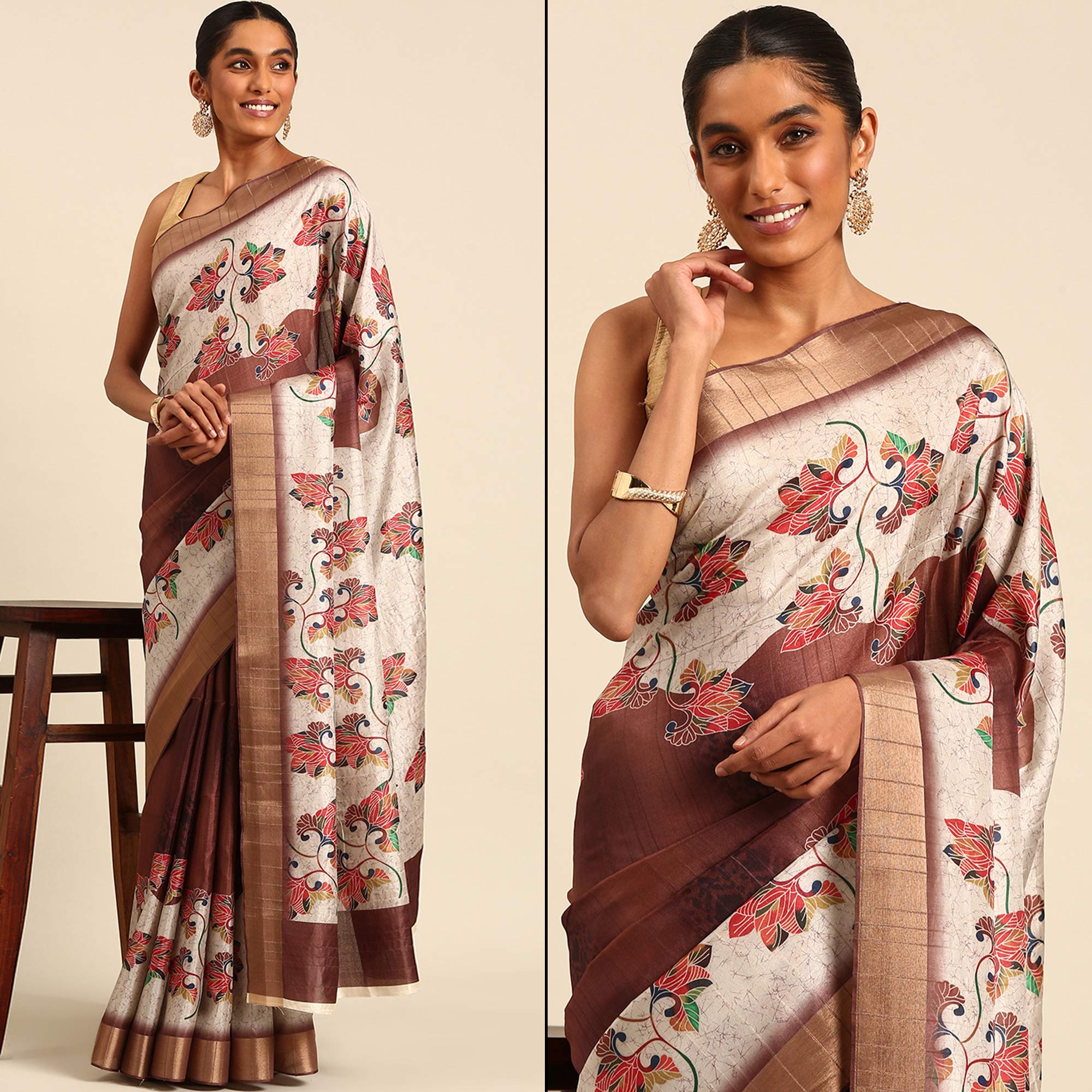 Cream & Brown Digital Printed Cotton Blend Saree With Woven Border