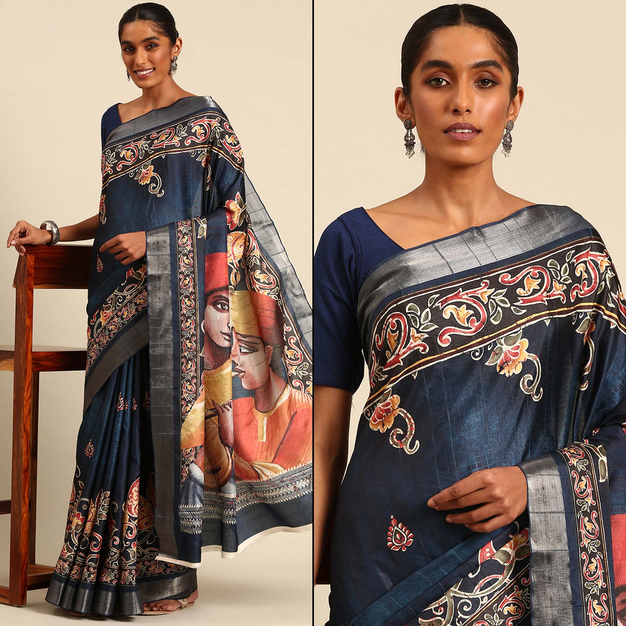 Blue Digital Printed Cotton Blend Saree With Woven Border