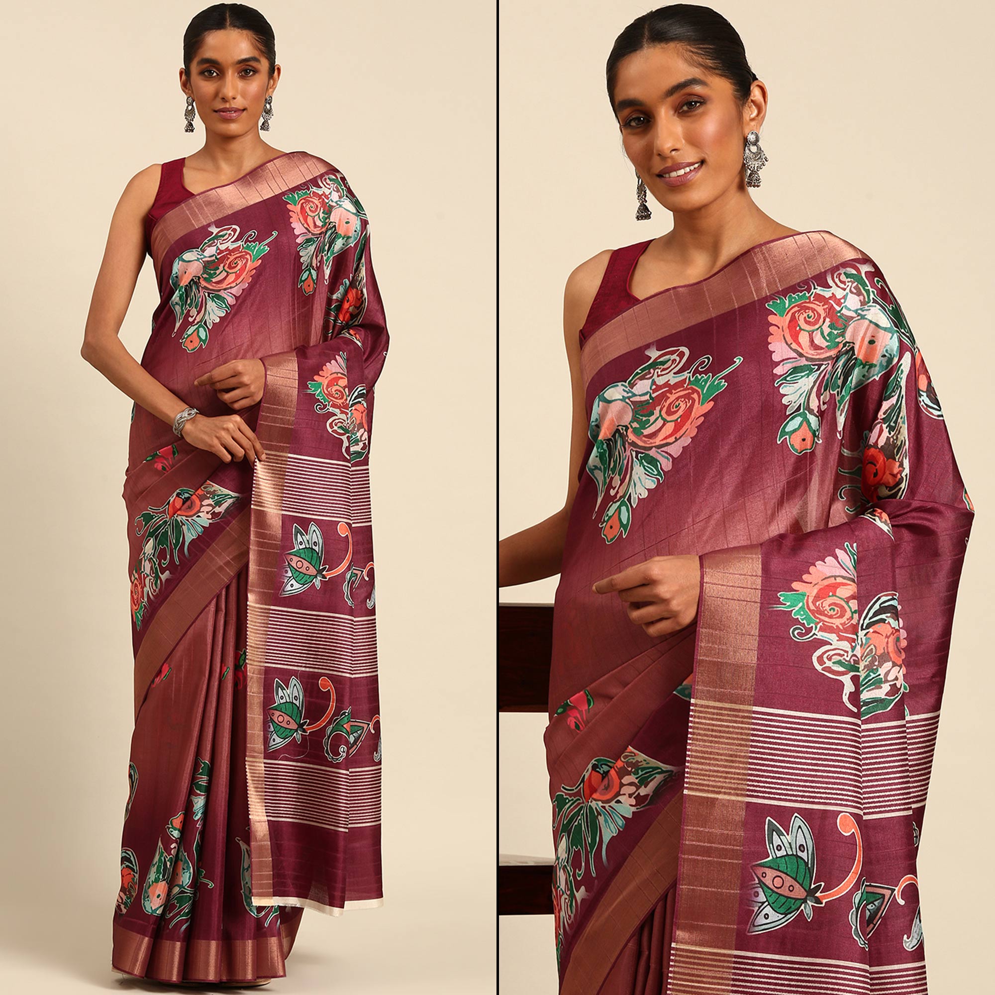 Maroon Digital Printed Cotton Blend Saree With Woven Border