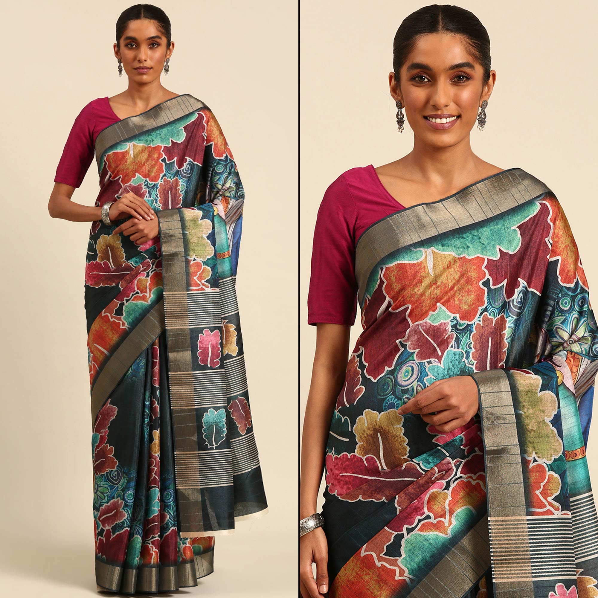 Teal Digital Printed Cotton Blend Saree With Woven Border