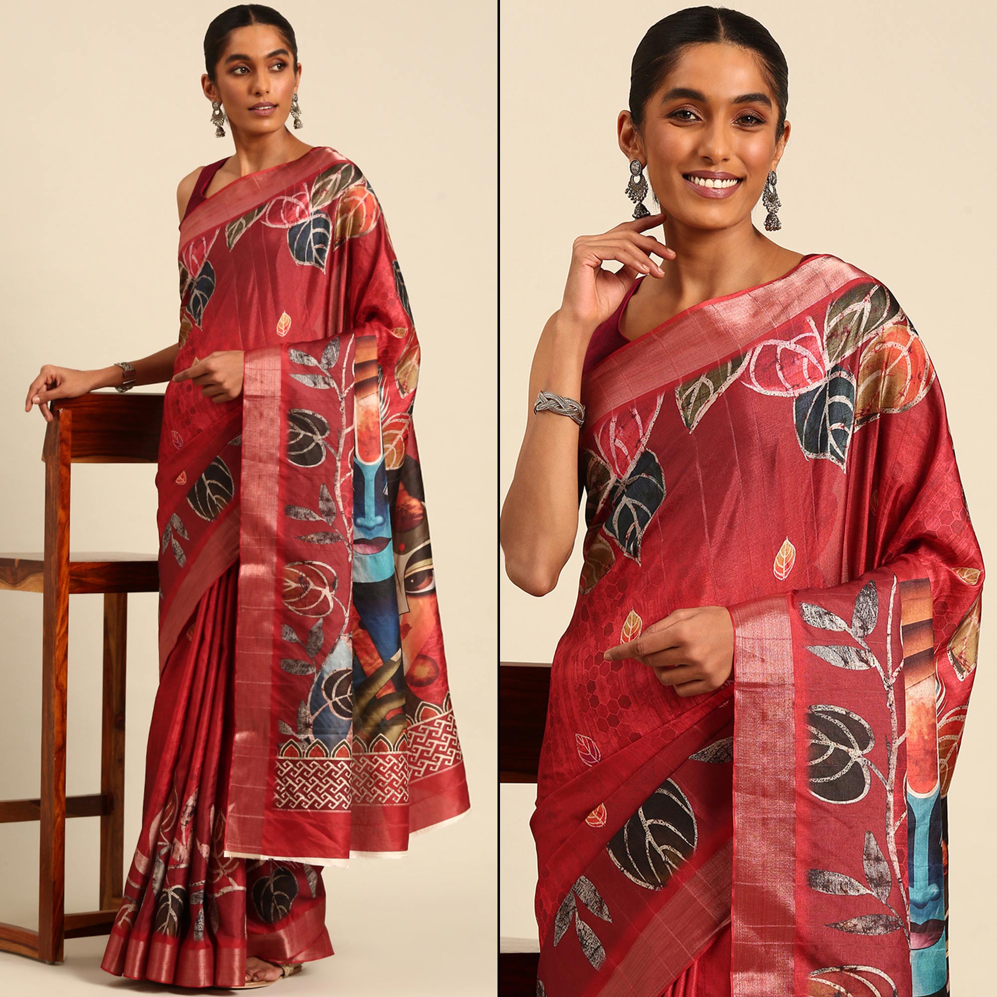 Red Digital Printed Cotton Blend Saree With Woven Border