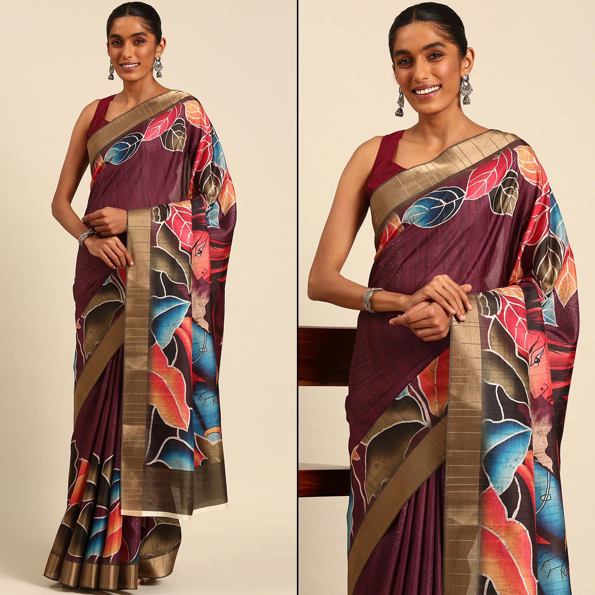 Wine Digital Printed Cotton Blend Saree With Woven Border