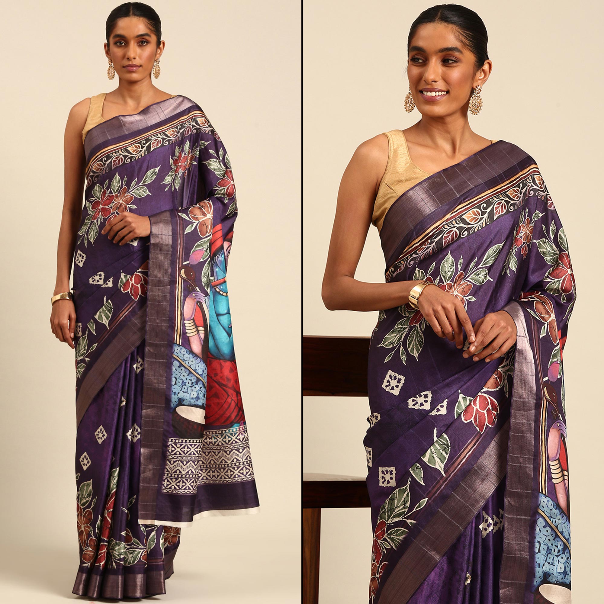 Purple Digital Printed Cotton Blend Saree With Woven Border