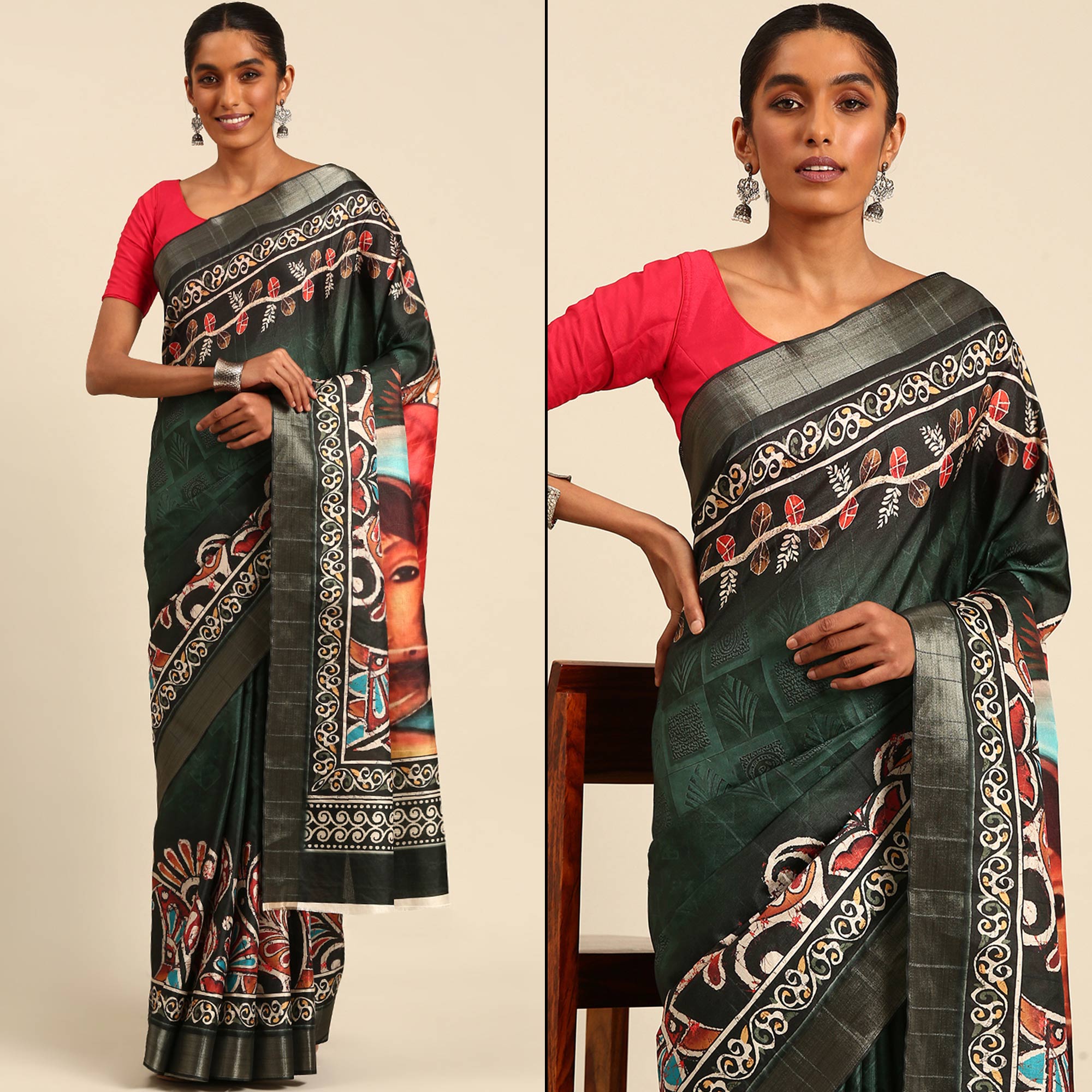 Green Digital Printed Cotton Blend Saree With Woven Border