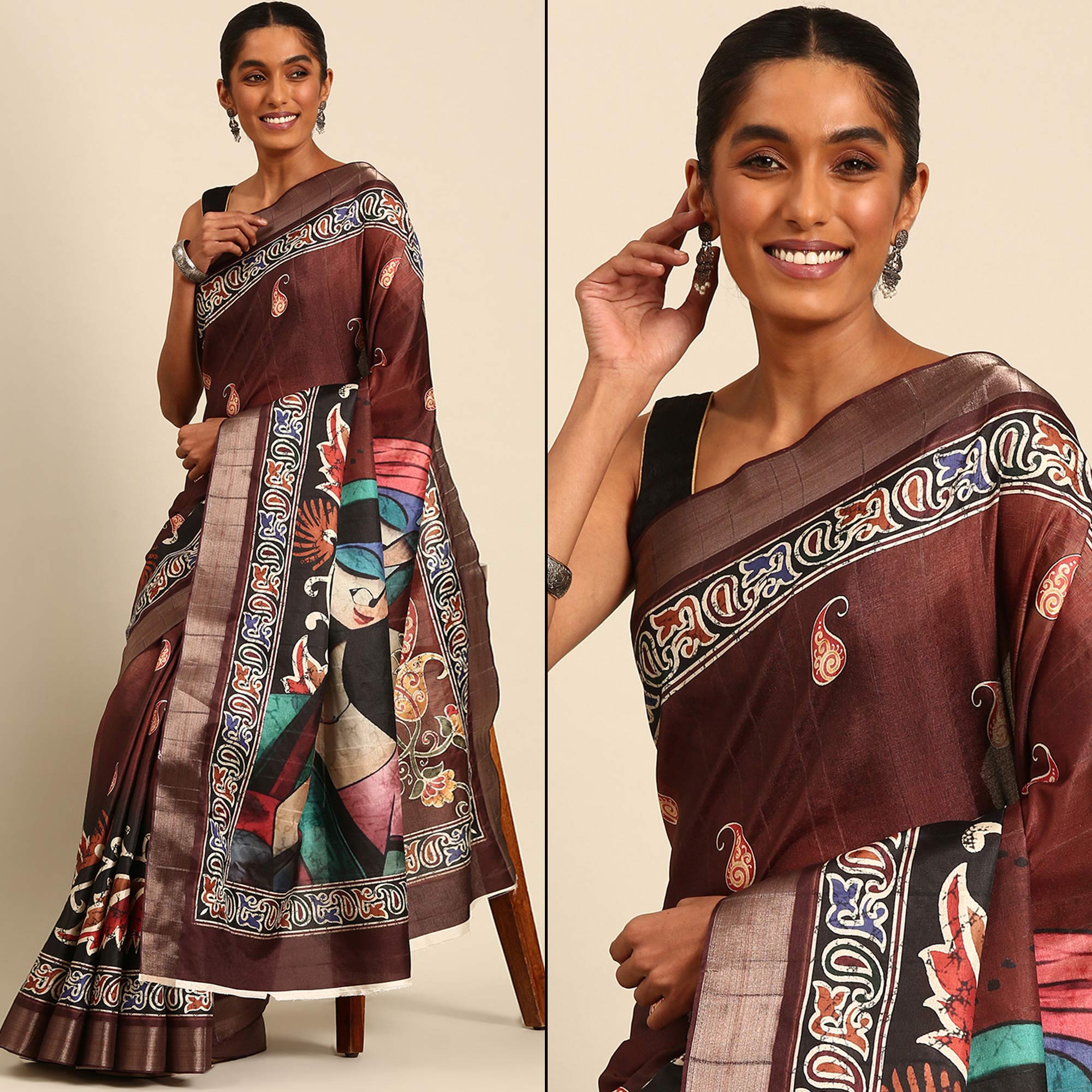 Dark Brown Digital Printed Cotton Blend Saree With Woven Border