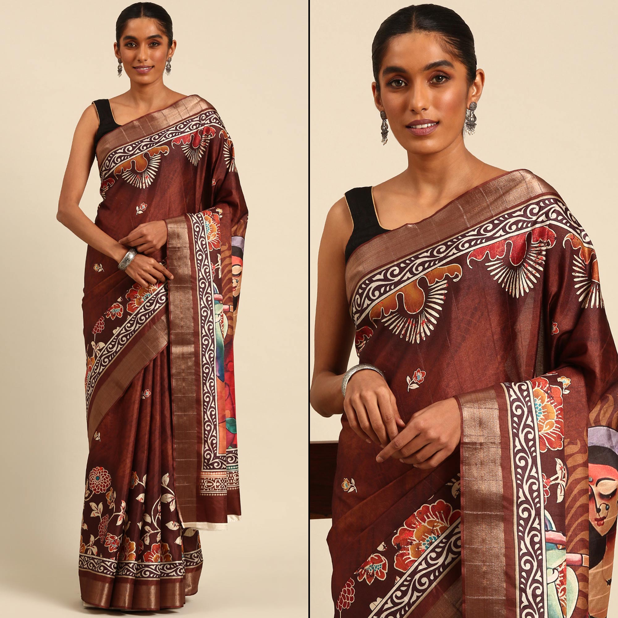 Brown Digital Printed Cotton Blend Saree With Woven Border