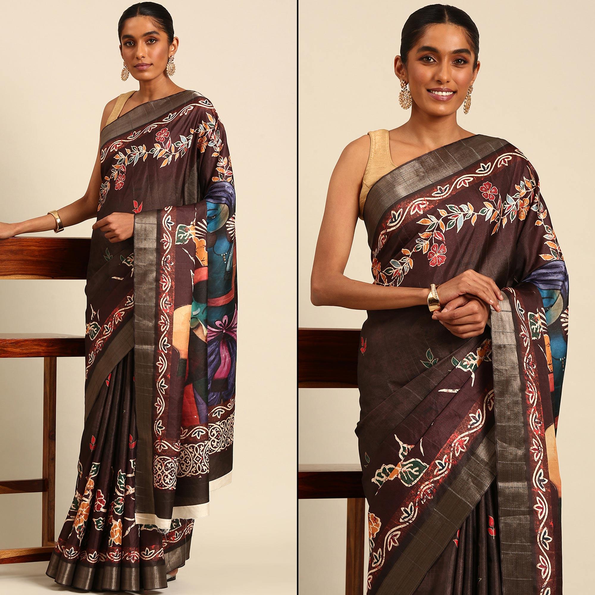 Dark Brown Digital Printed Cotton Blend Saree With Woven Border