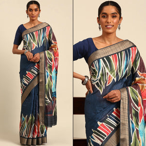 Blue Digital Printed Cotton Blend Saree With Woven Border