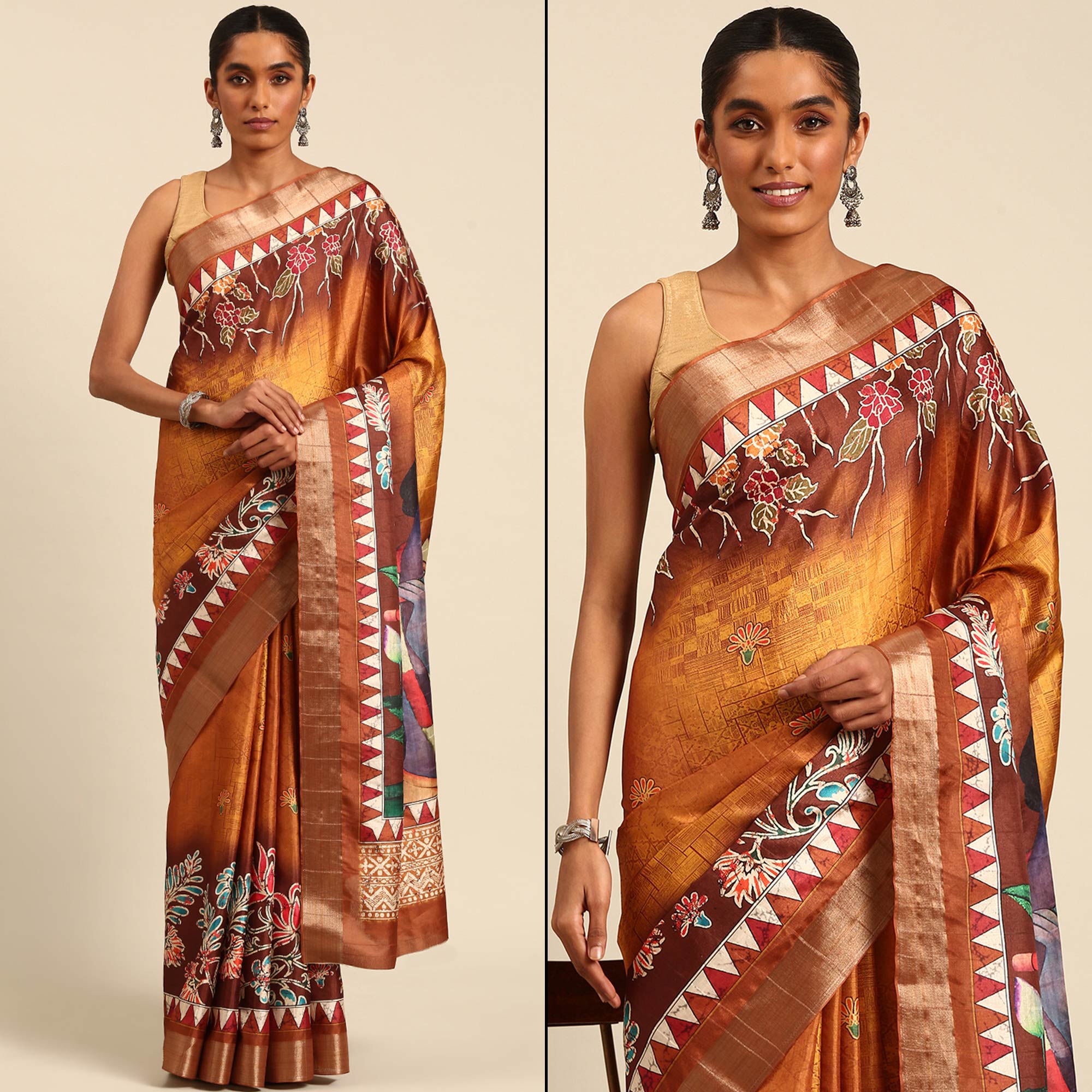 Orange Digital Printed Cotton Blend Saree With Woven Border