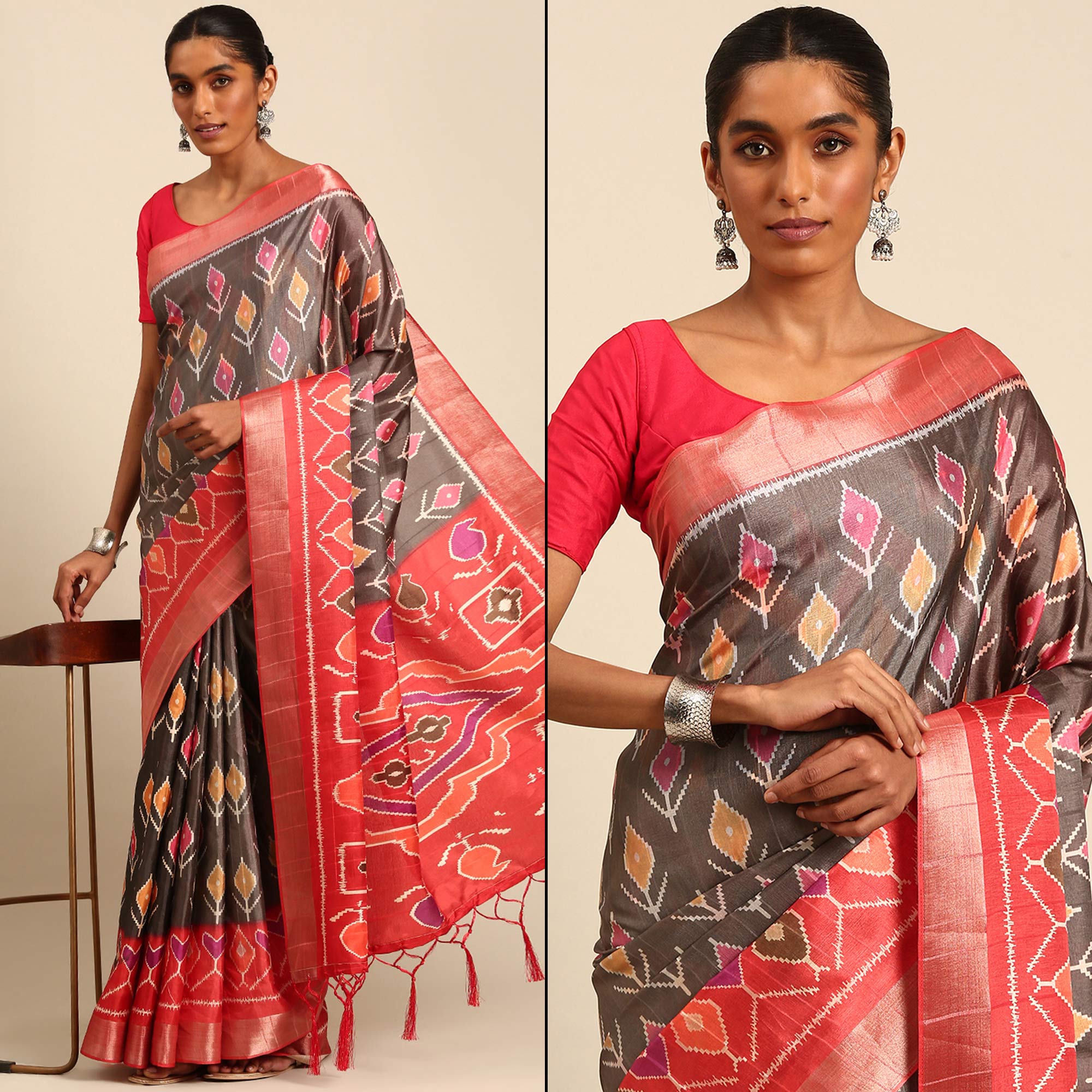 Grey Digital Printed Cotton Blend Saree With Woven Border