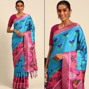 Blue Digital Printed Cotton Blend Saree With Woven Border