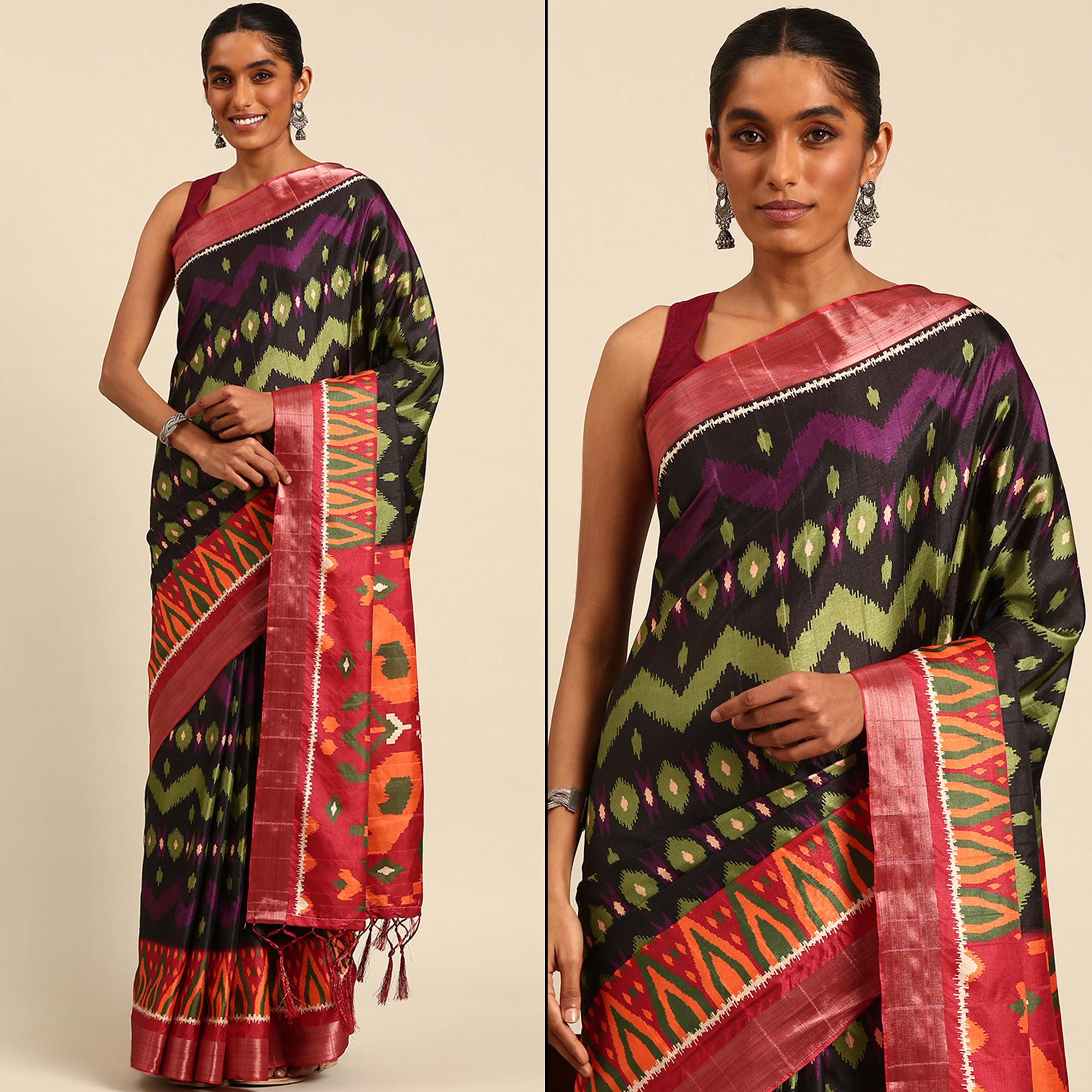 Black Digital Printed Cotton Blend Saree With Woven Border