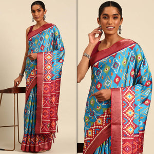 Blue Digital Printed Cotton Blend Saree With Woven Border