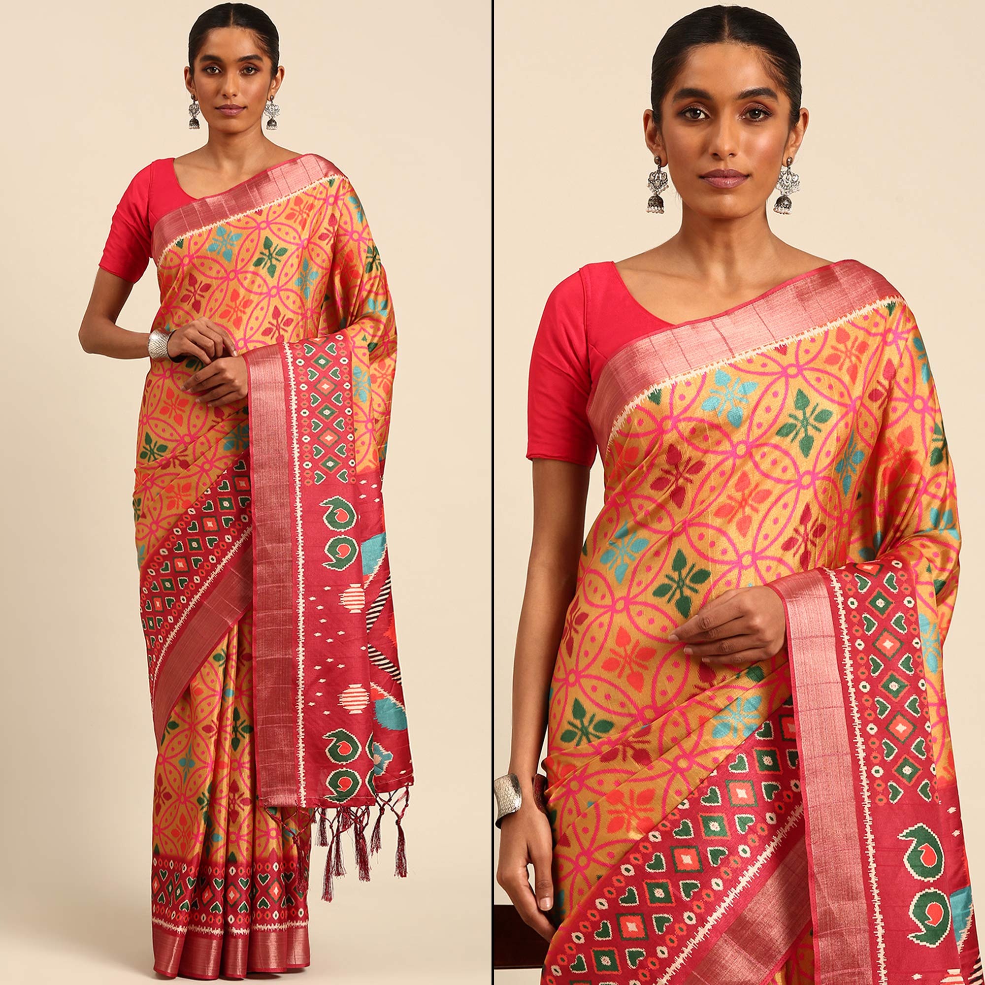 Orange Digital Printed Cotton Blend Saree With Woven Border