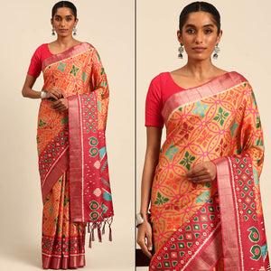 Orange Digital Printed Cotton Blend Saree With Woven Border