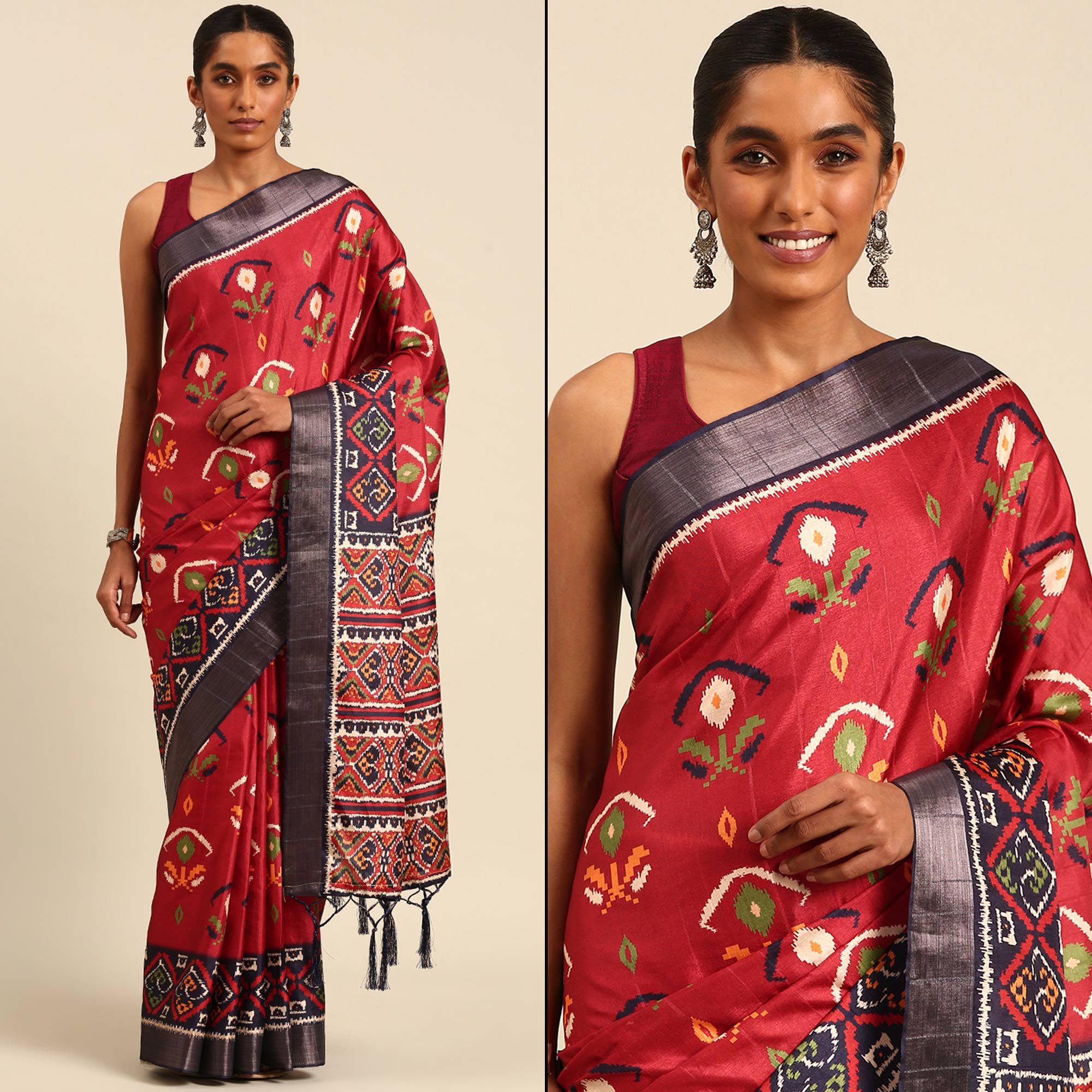 Red Digital Printed Cotton Blend Saree With Woven Border