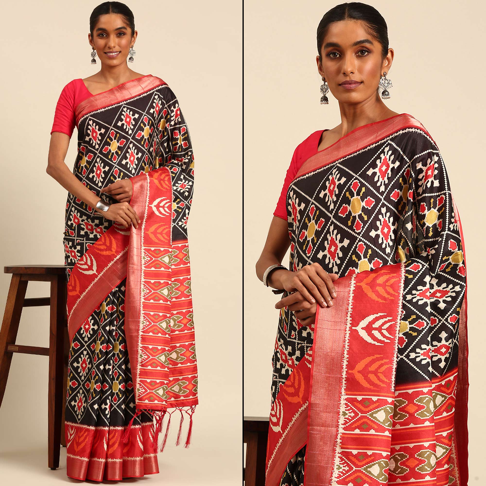 Black Digital Printed Cotton Blend Saree With Woven Border