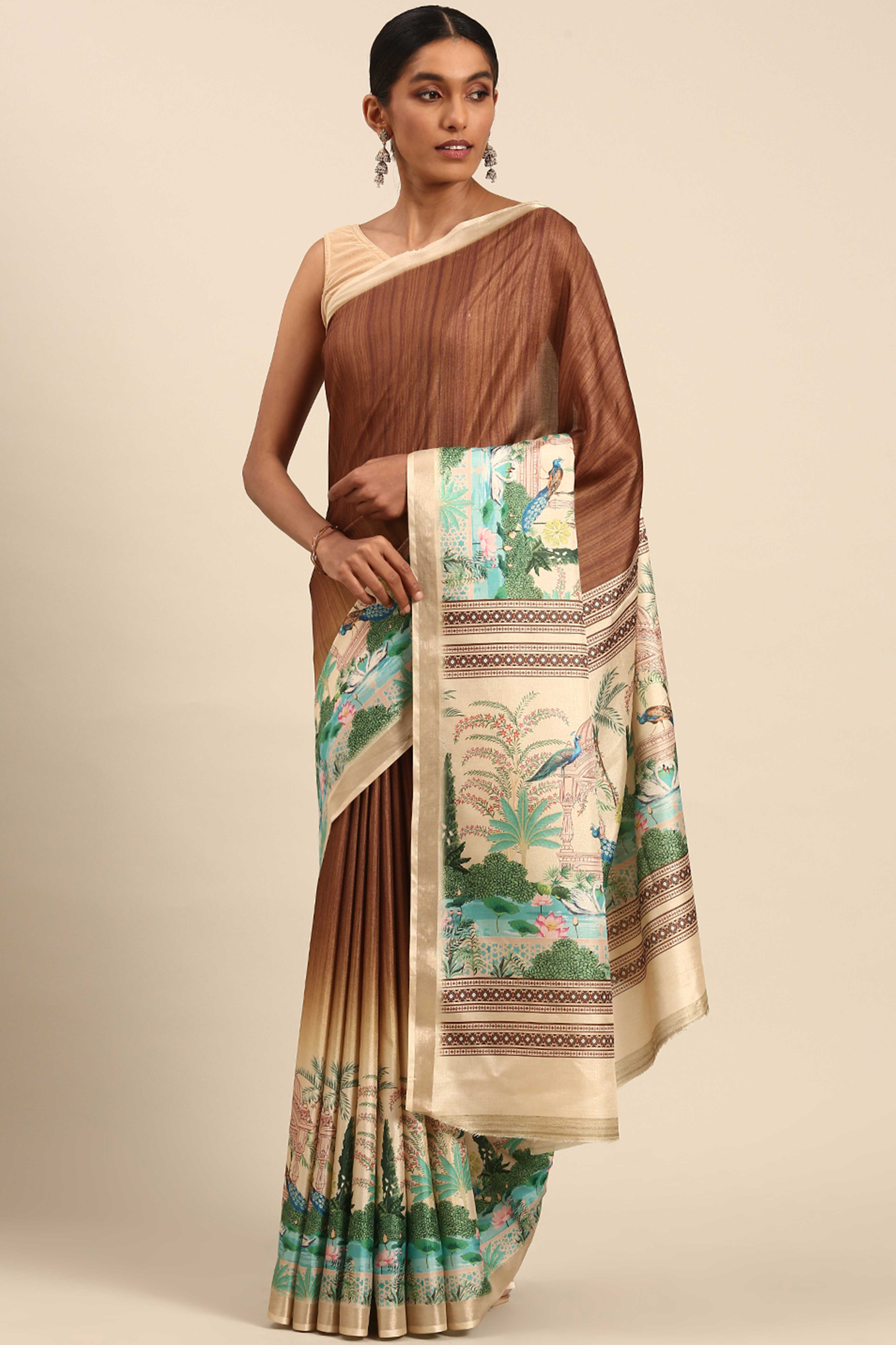 Brown Digital Printed Cotton Silk Saree