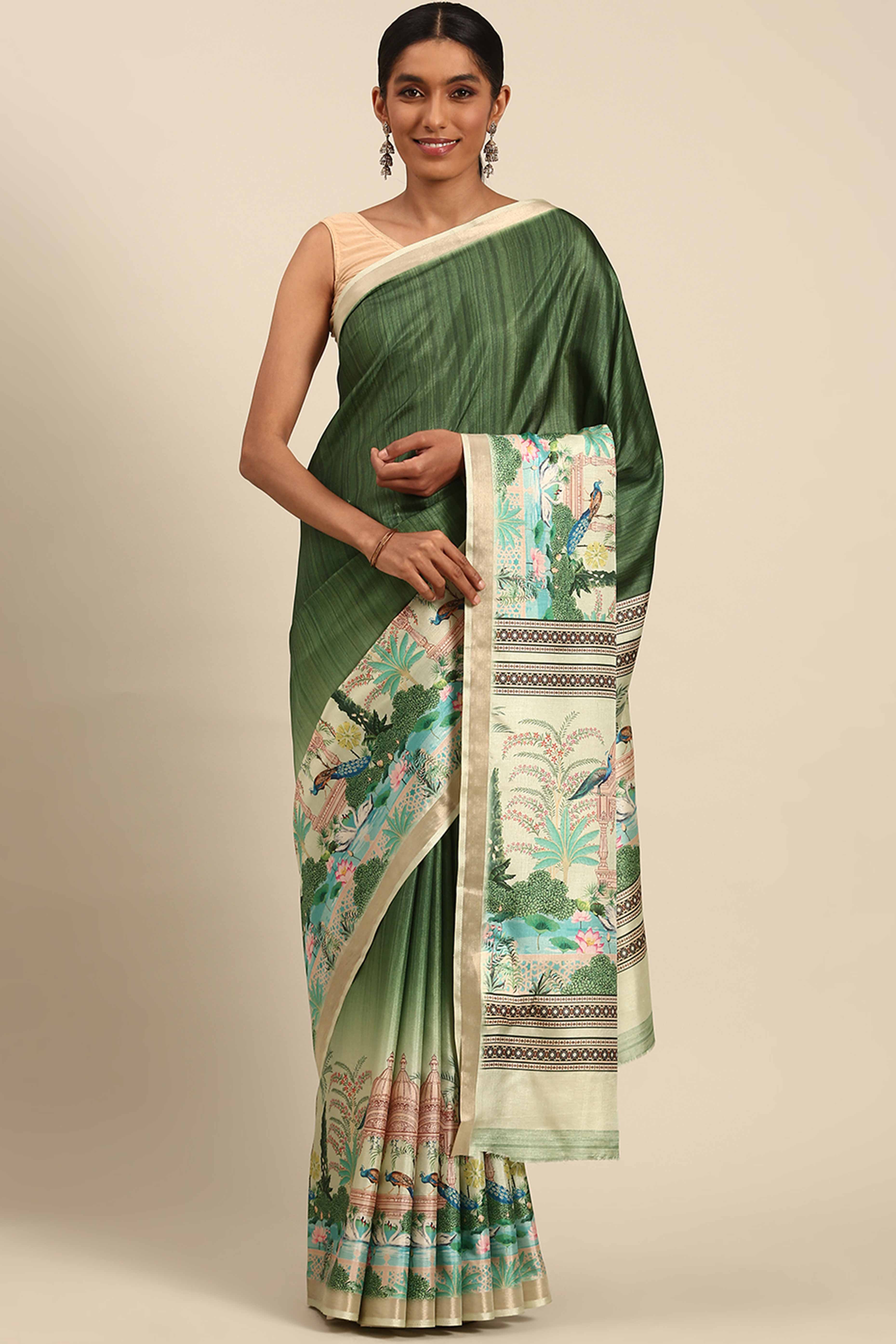 Green Digital Printed Cotton Silk Saree