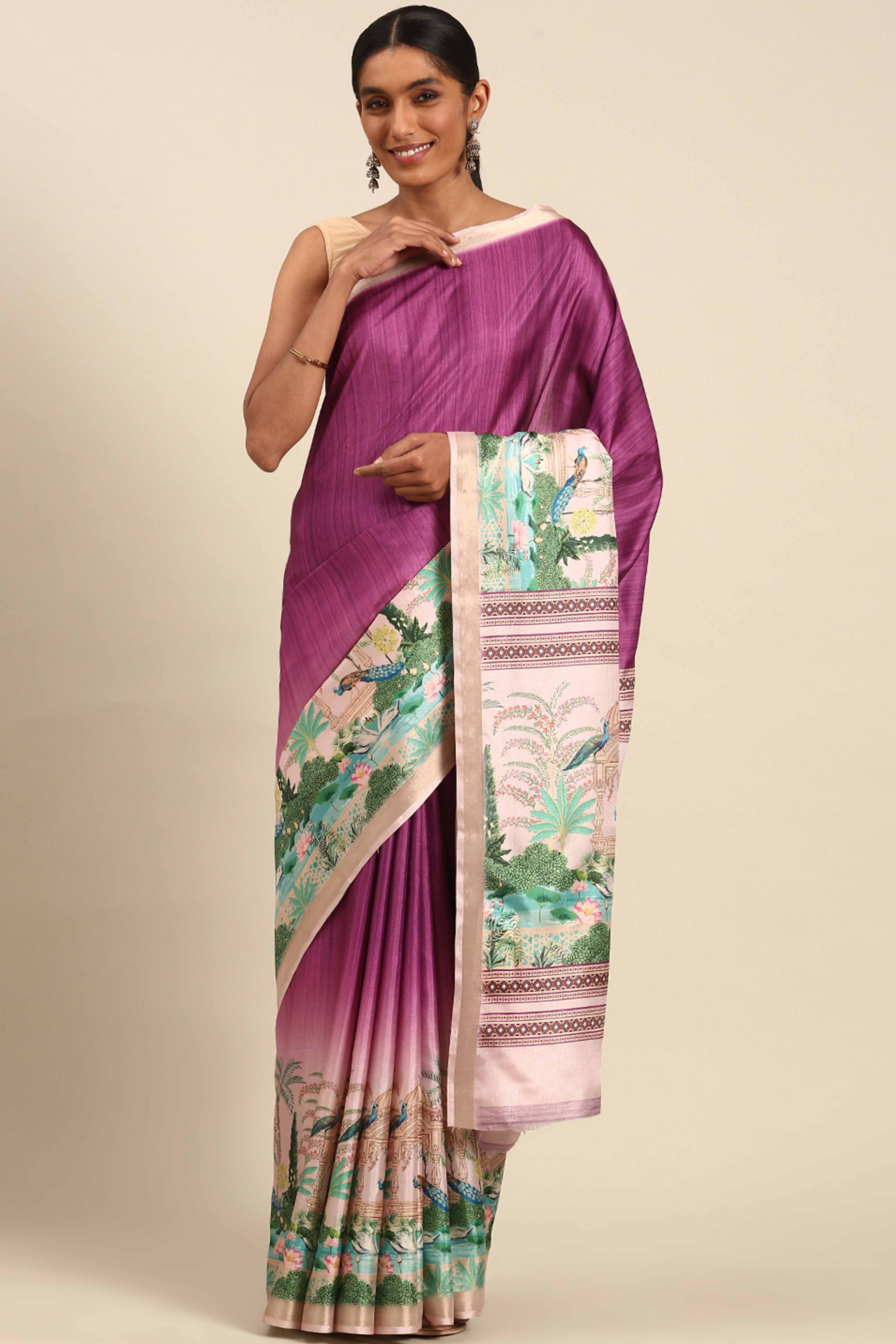 Purple Digital Printed Cotton Silk Saree