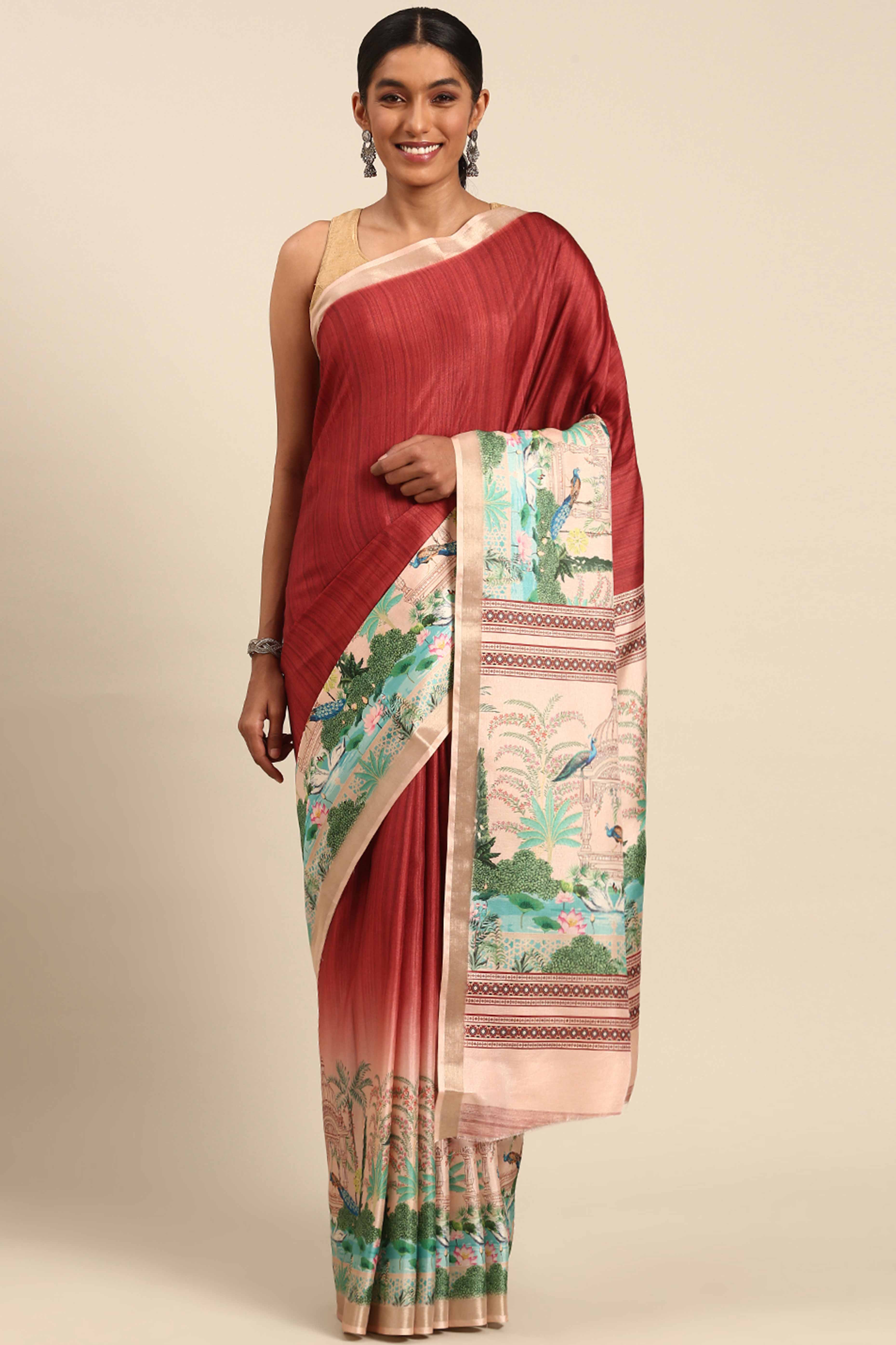 Maroon Digital Printed Cotton Silk Saree