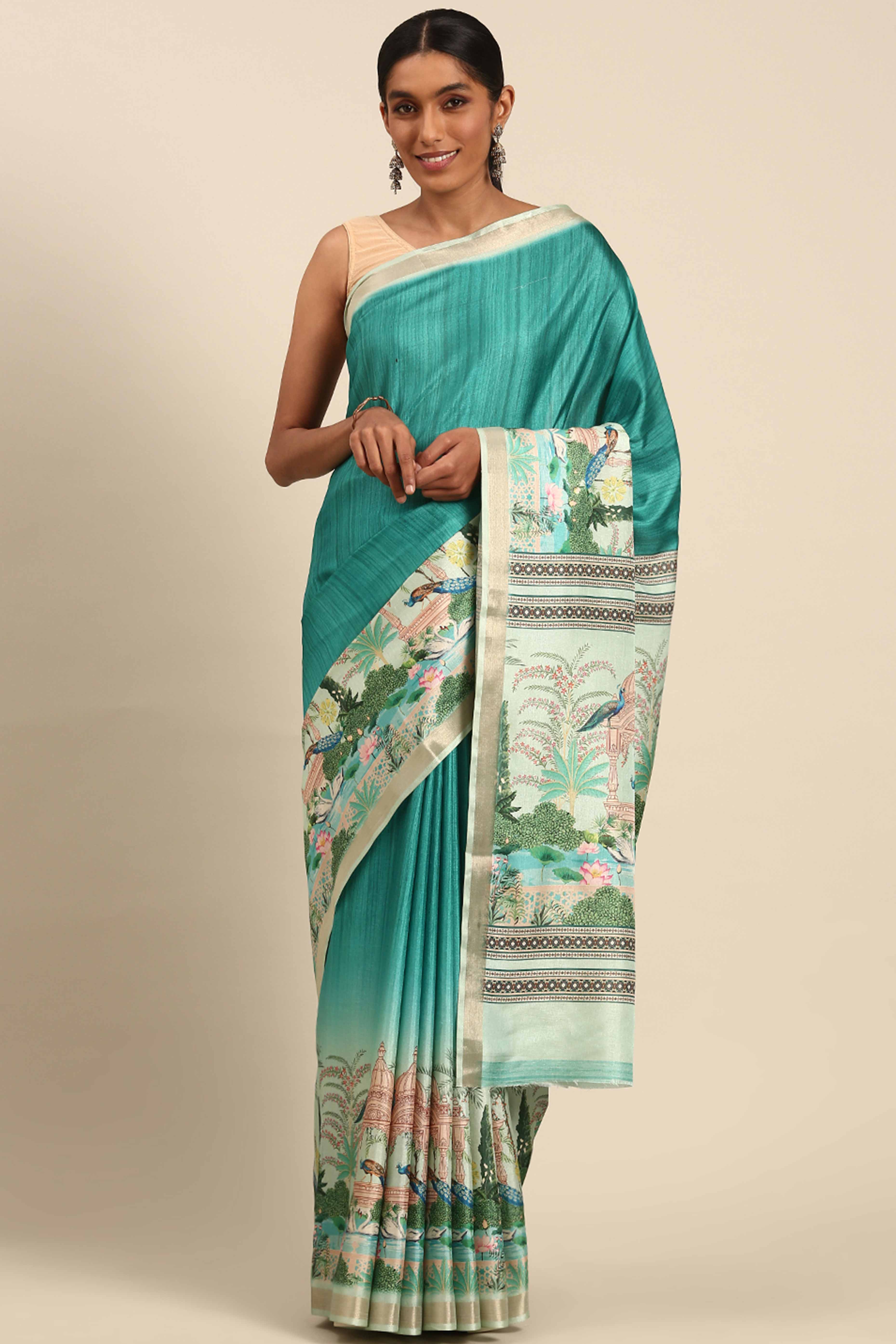 Turquoise Digital Printed Cotton Silk Saree