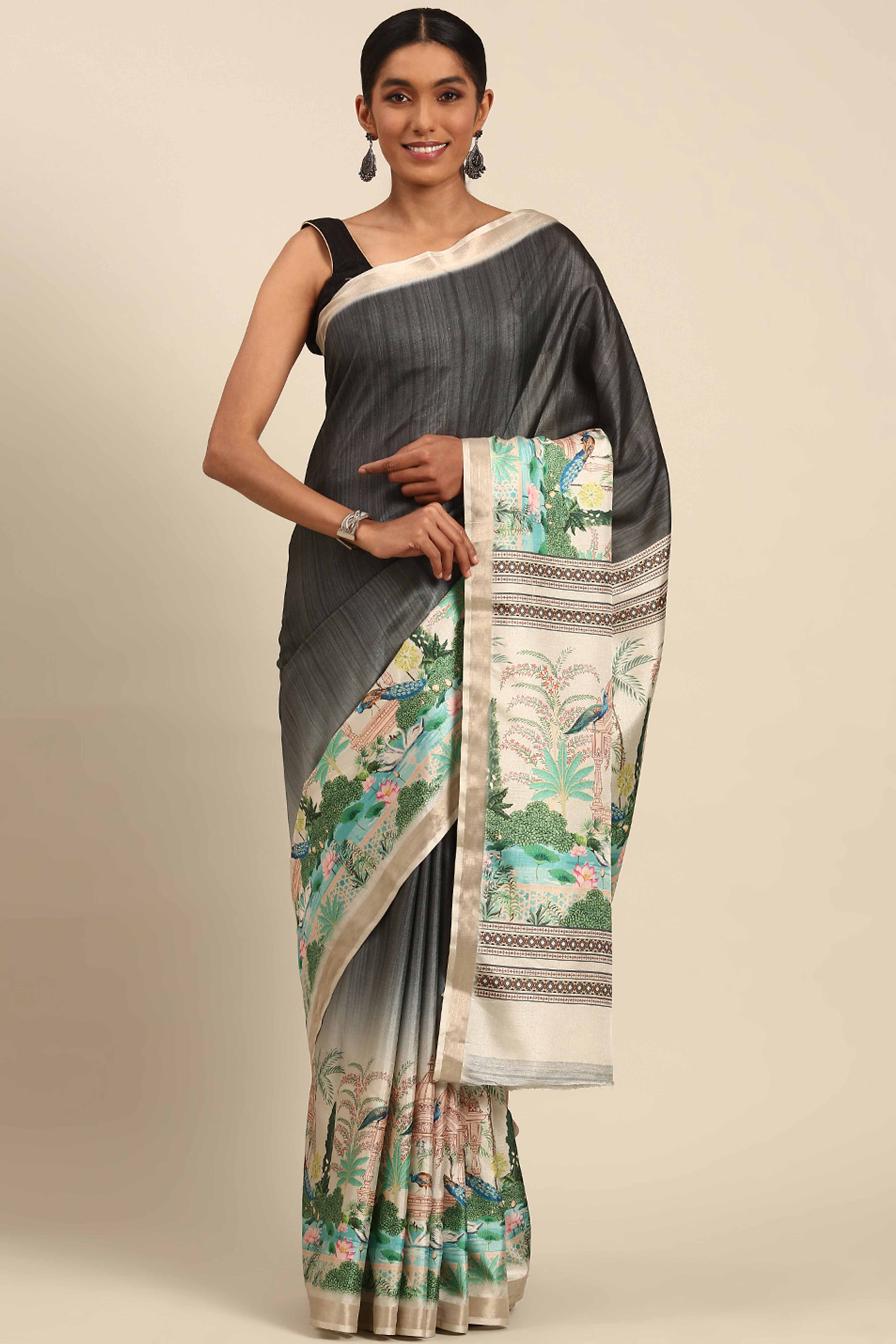 Grey Digital Printed Cotton Silk Saree