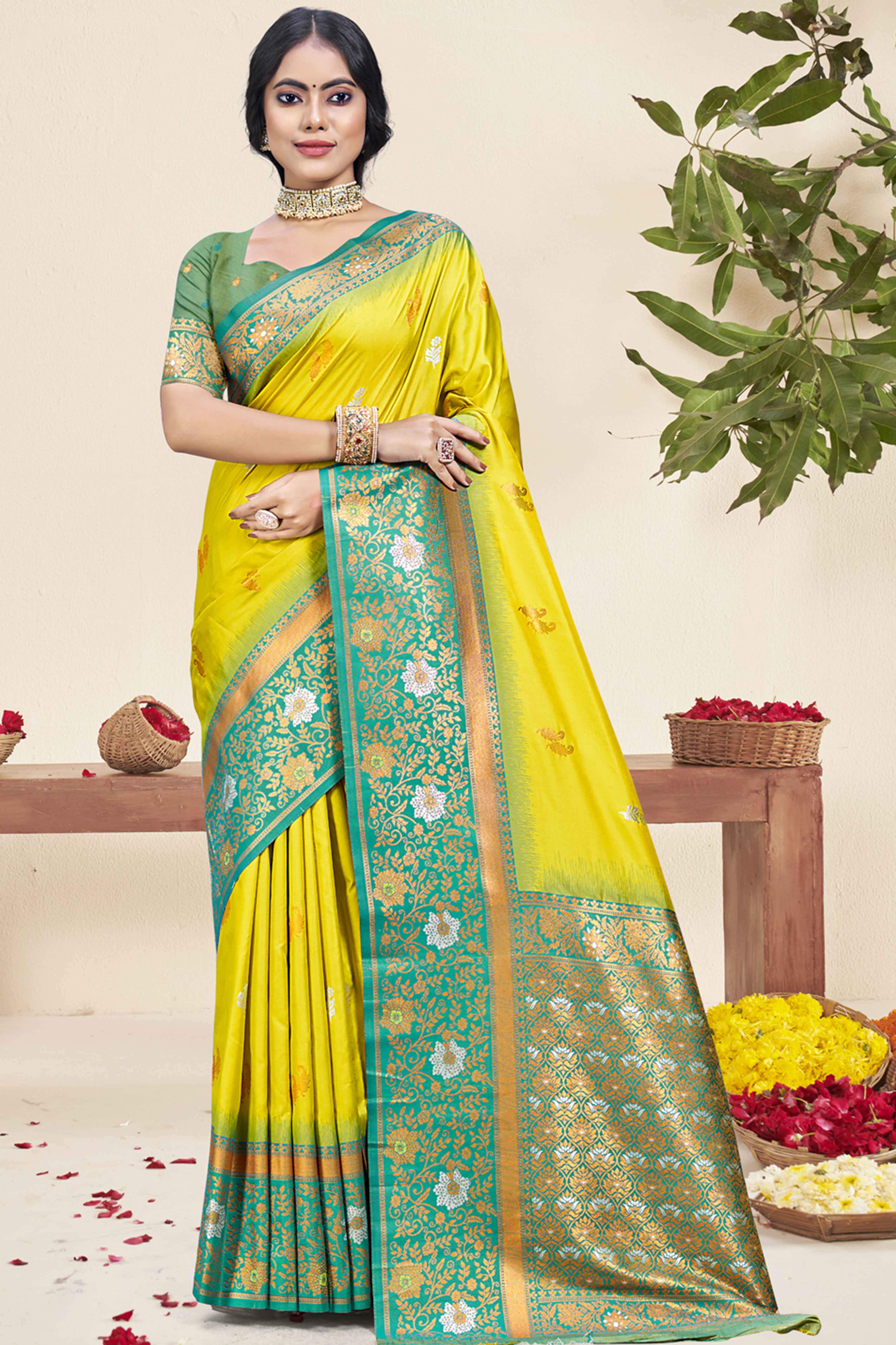 Lemon Yellow Floral Woven Banarasi Silk Saree