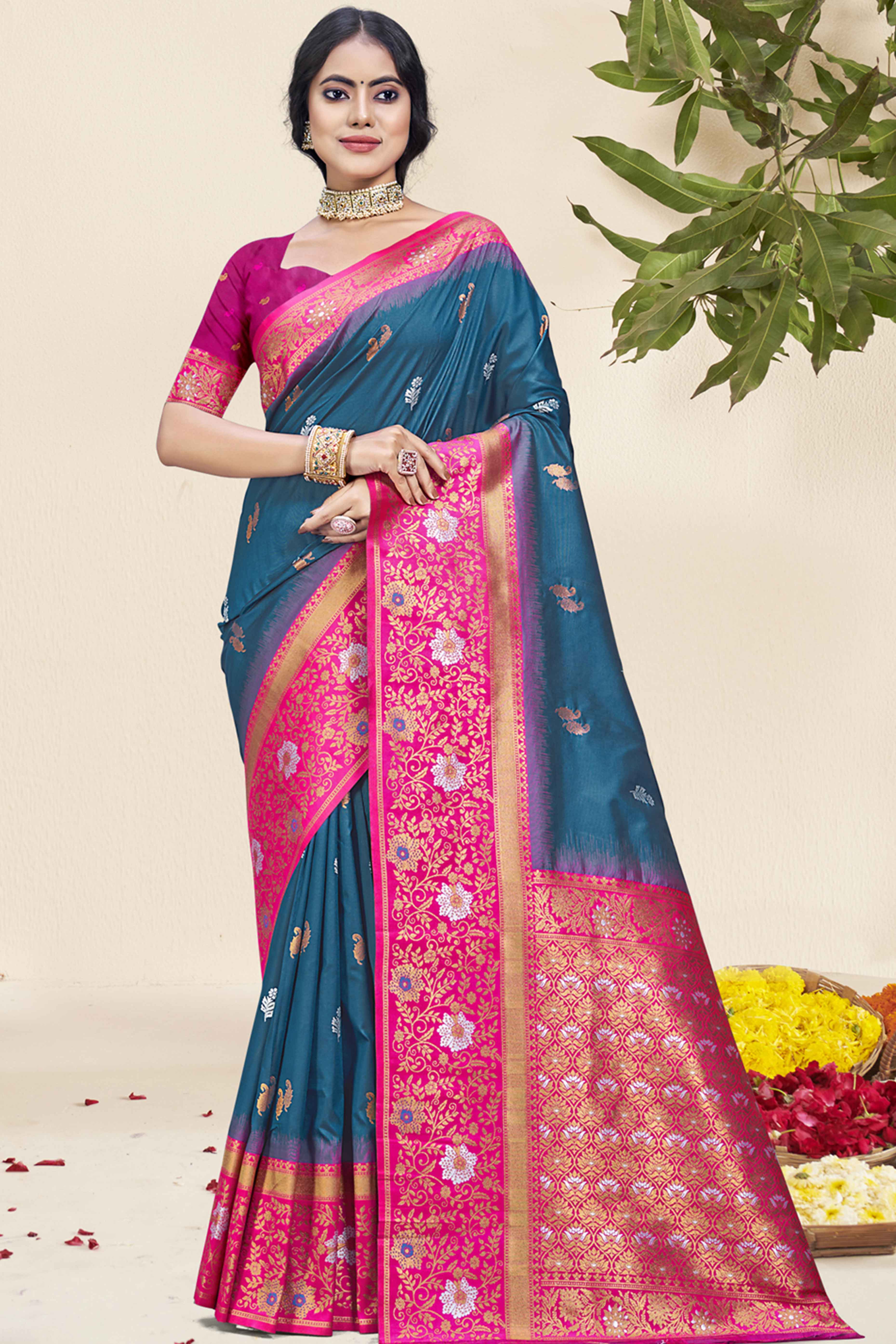 Blue Floral Woven Banarasi Silk Saree