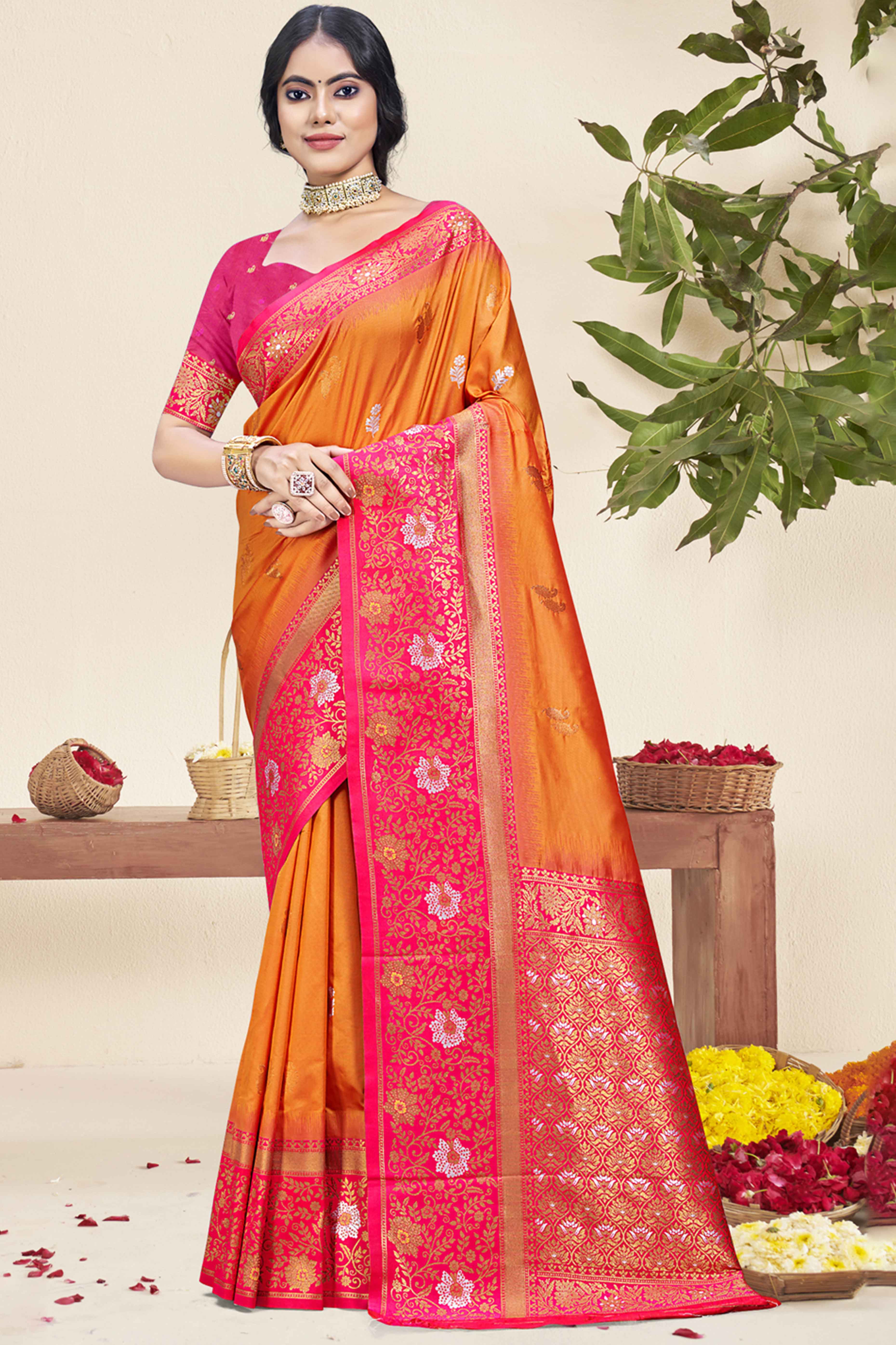 Orange Floral Woven Banarasi Silk Saree