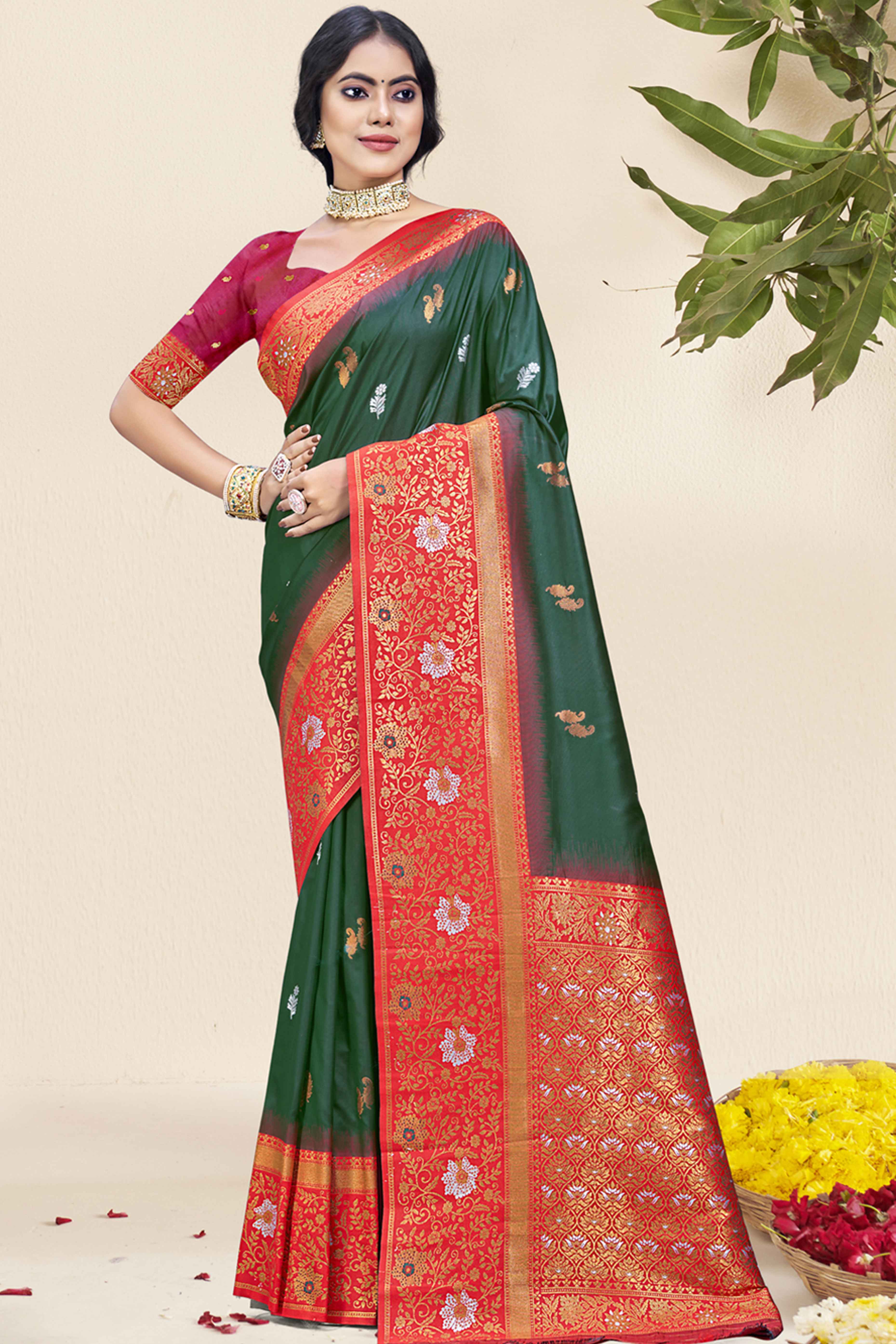 Green Floral Woven Banarasi Silk Saree