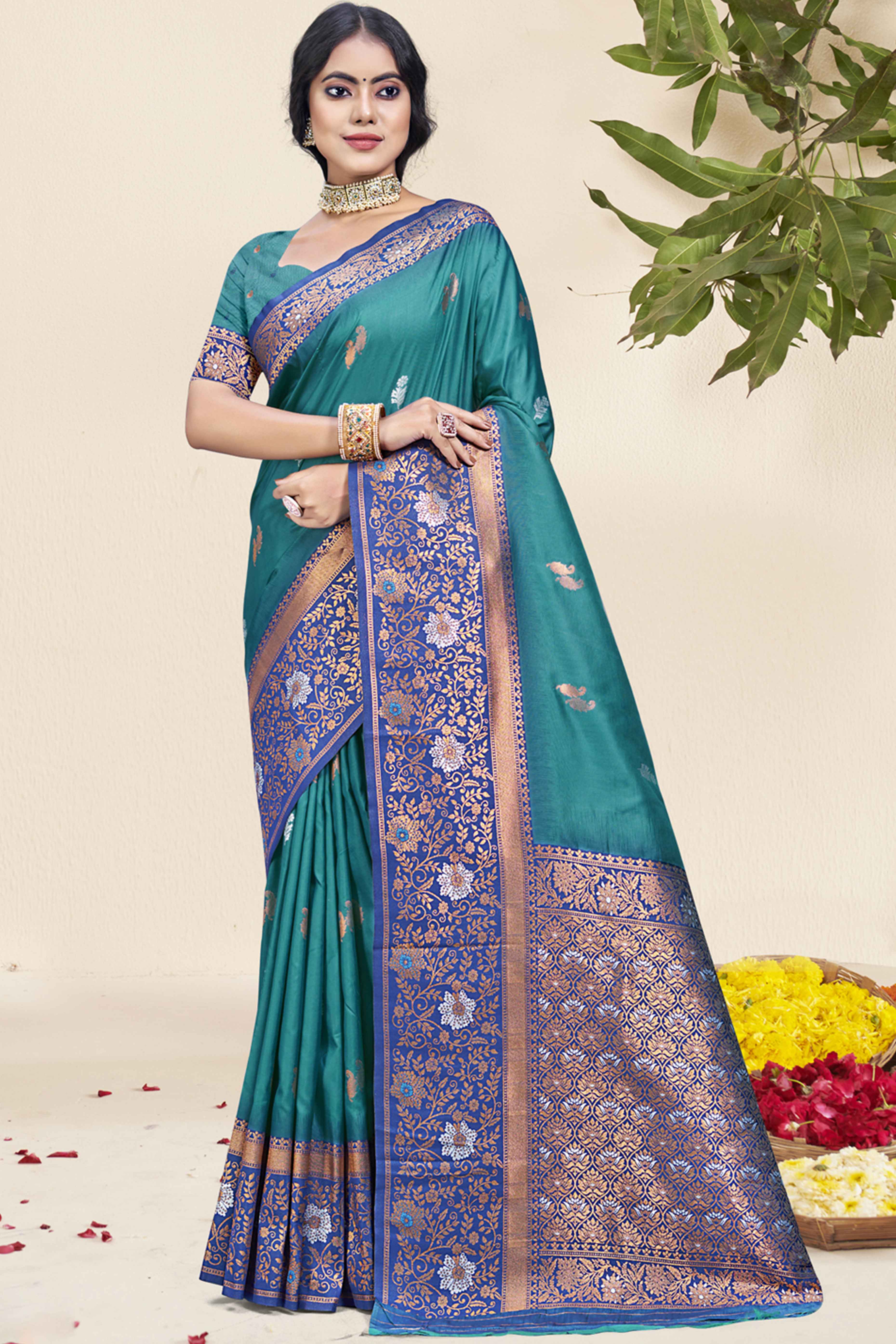 Blue Floral Woven Banarasi Silk Saree