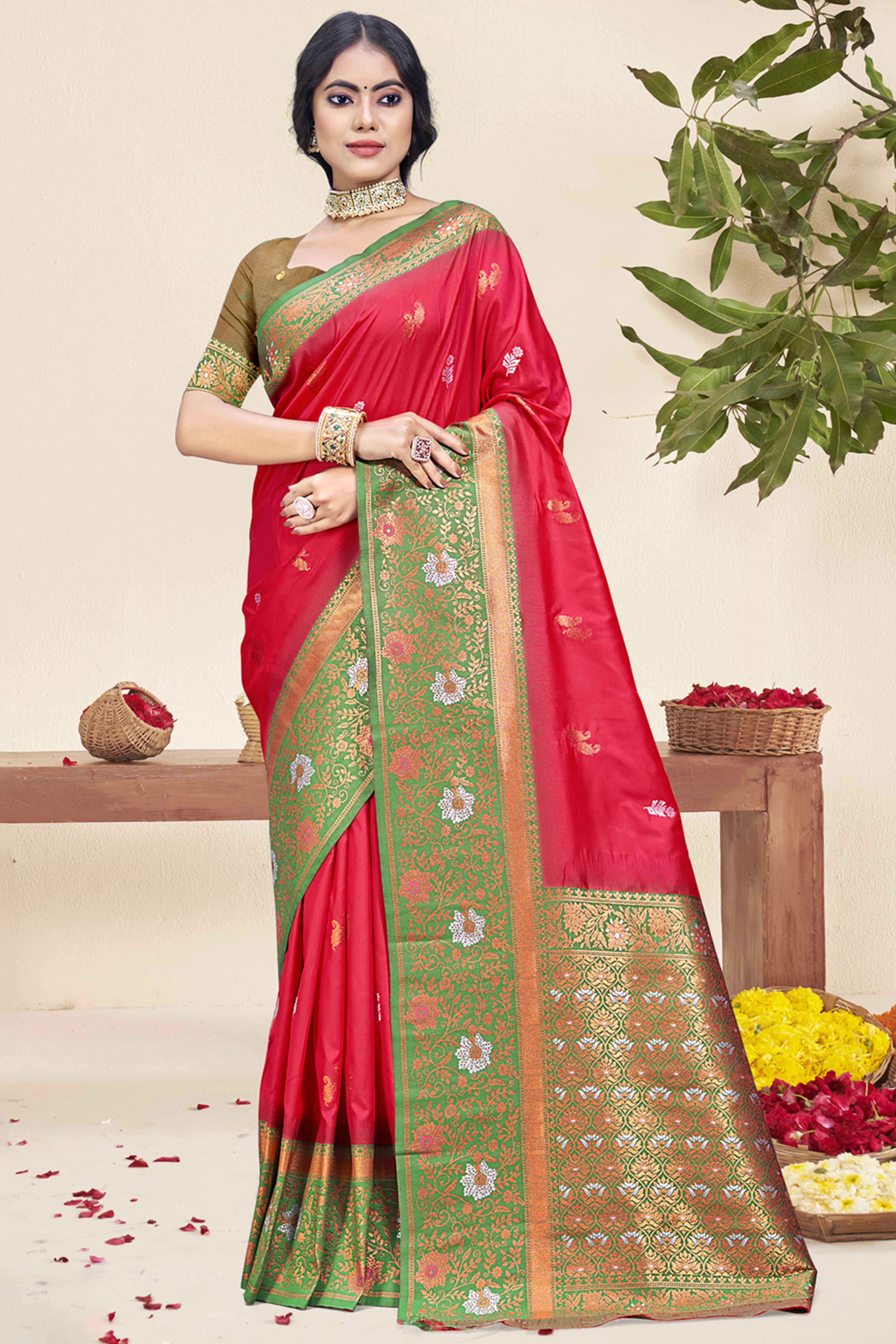 Dark Pink Floral Woven Banarasi Silk Saree