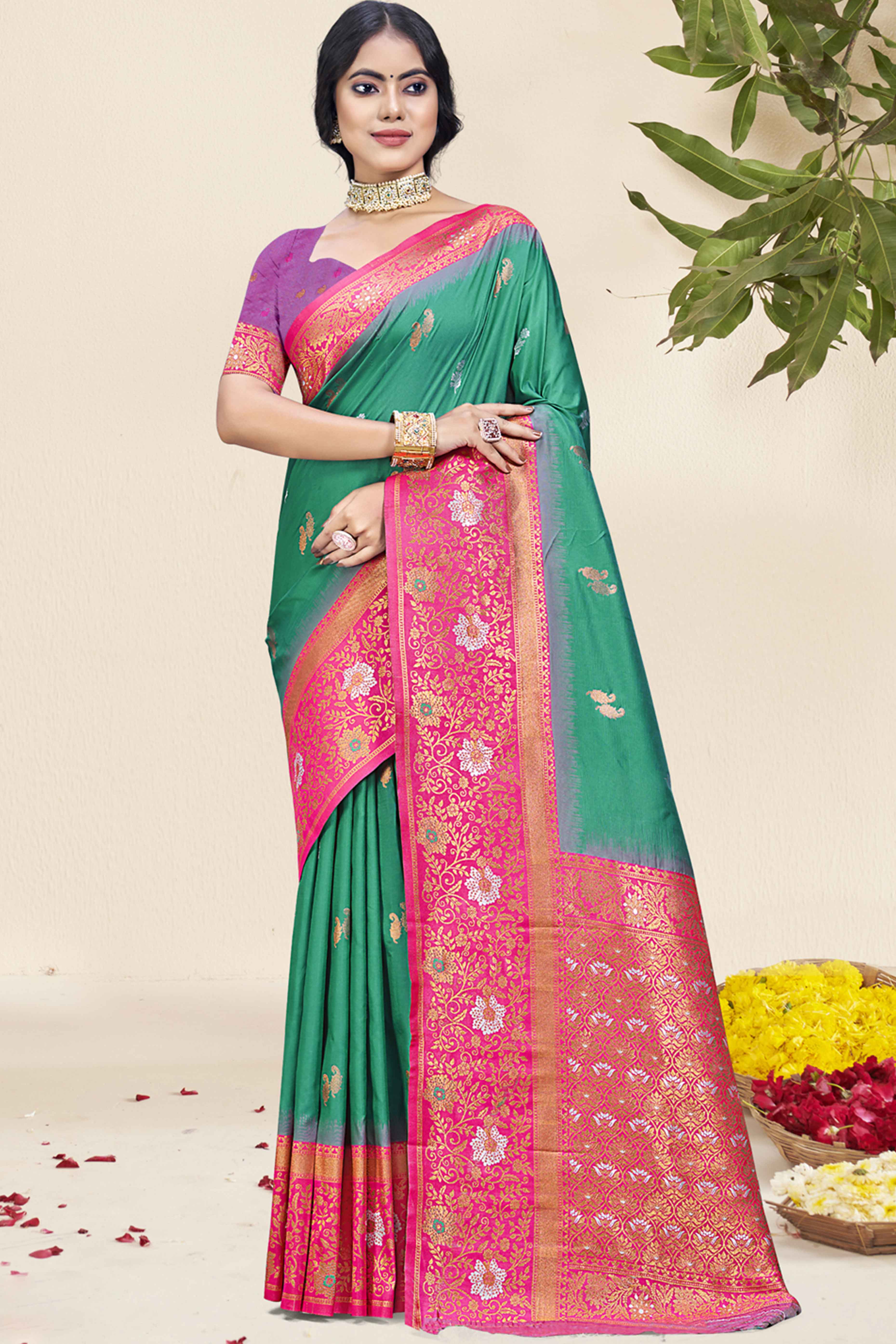 Rama Green Floral Woven Banarasi Silk Saree