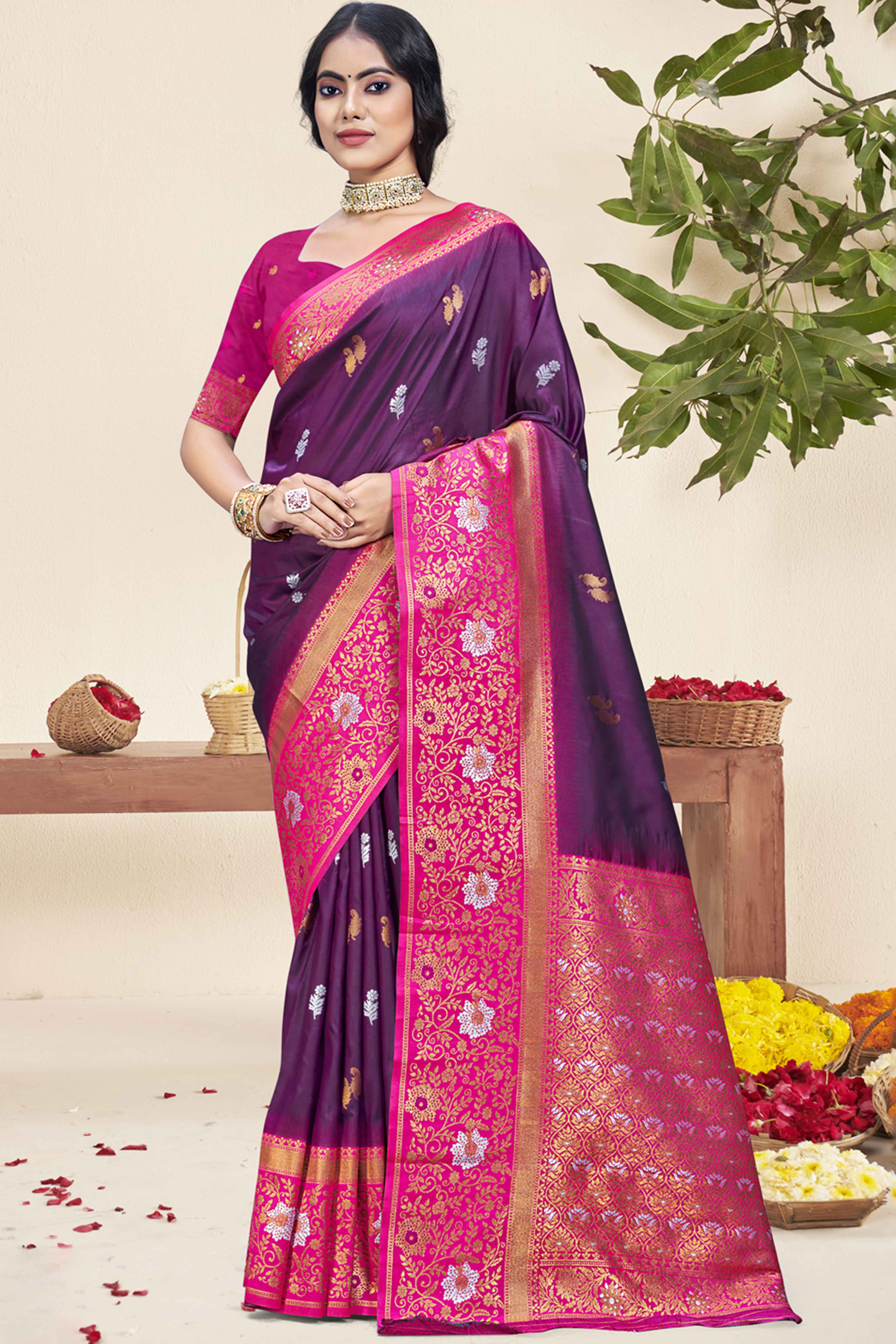 Wine Floral Woven Banarasi Silk Saree