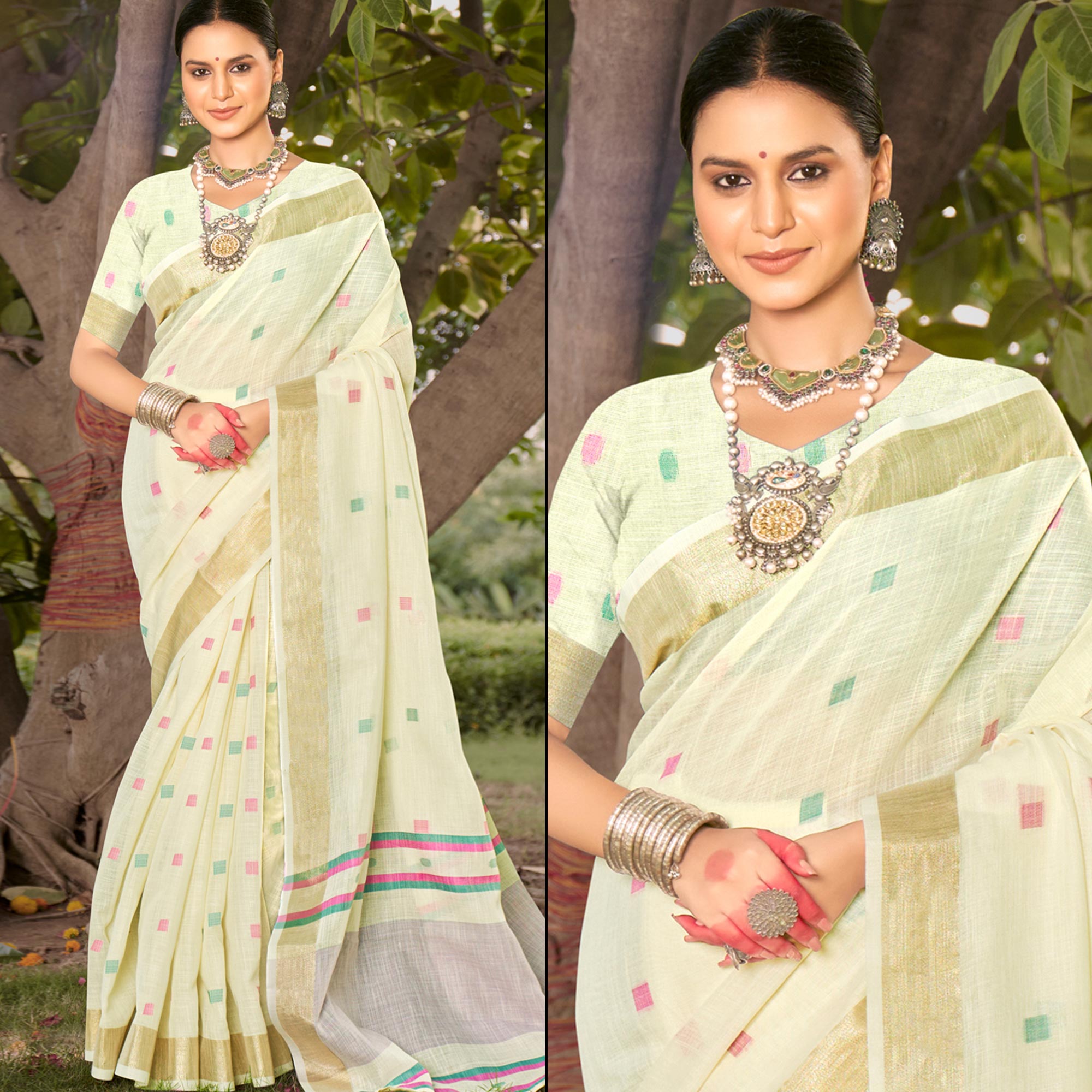 Cream Woven Cotton Blend Saree With Tassels