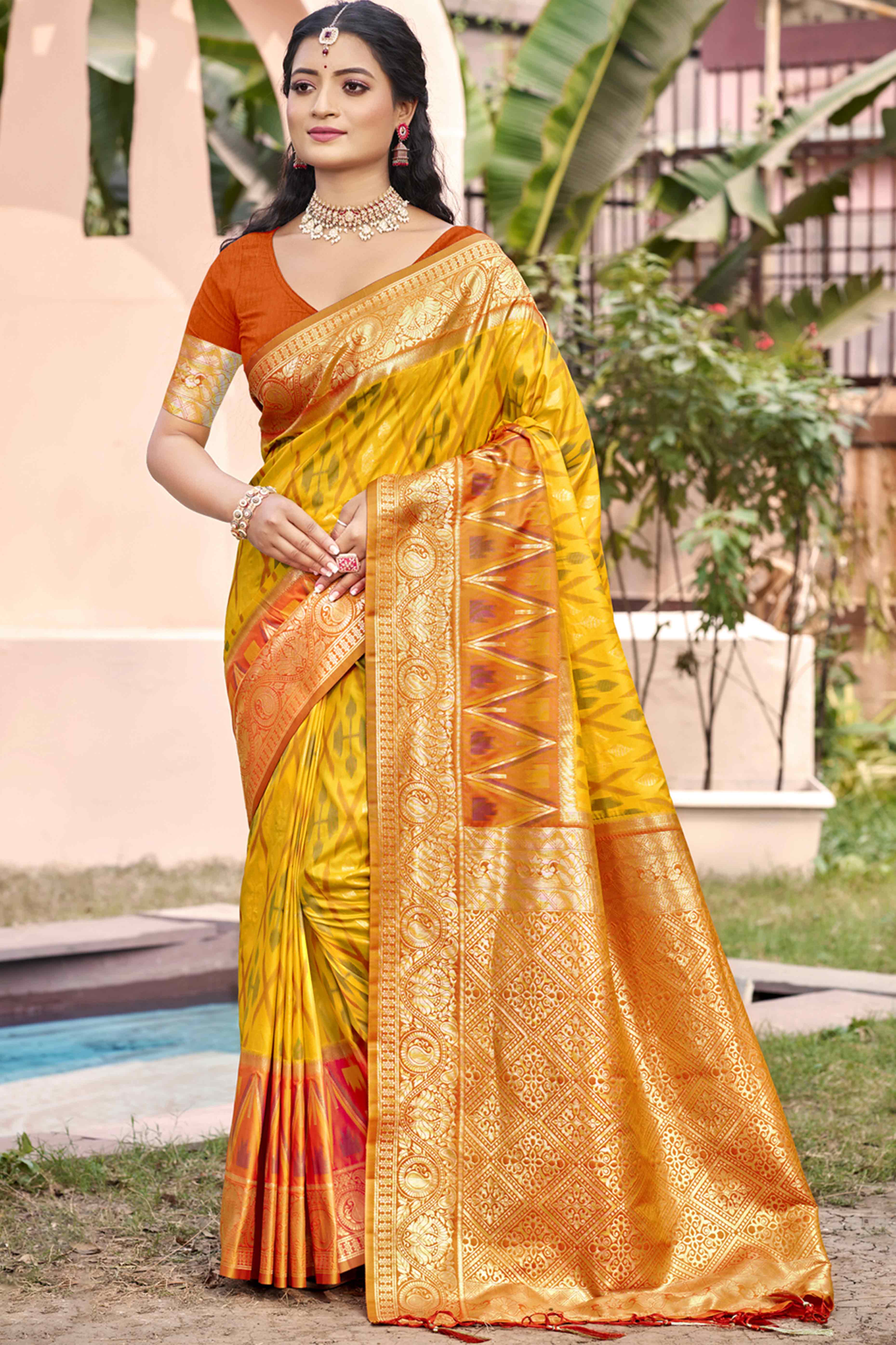 Yellow & Orange Woven Cotton Silk Saree With Tassels