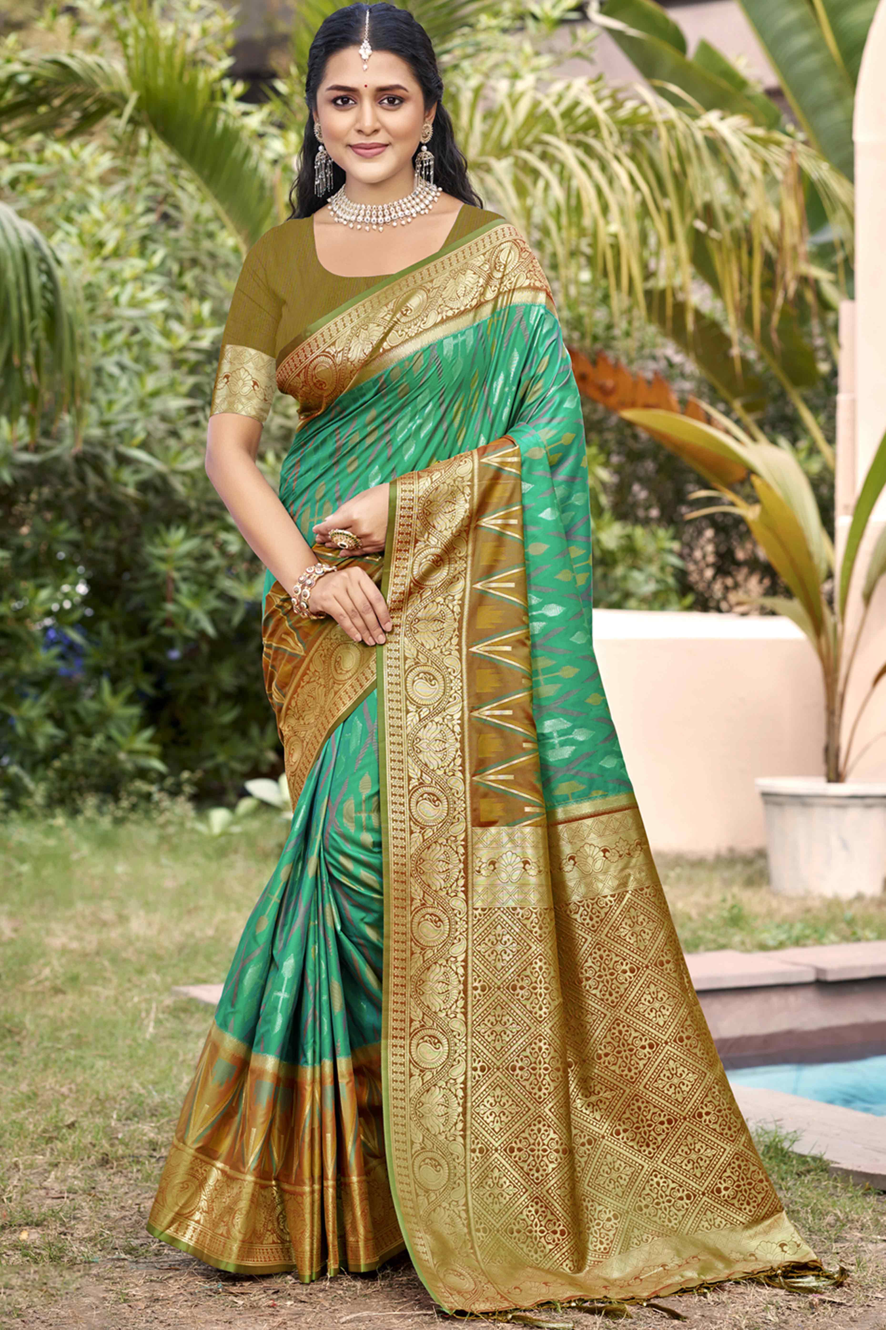Rama Green & Olive Woven Cotton Silk Saree With Tassels