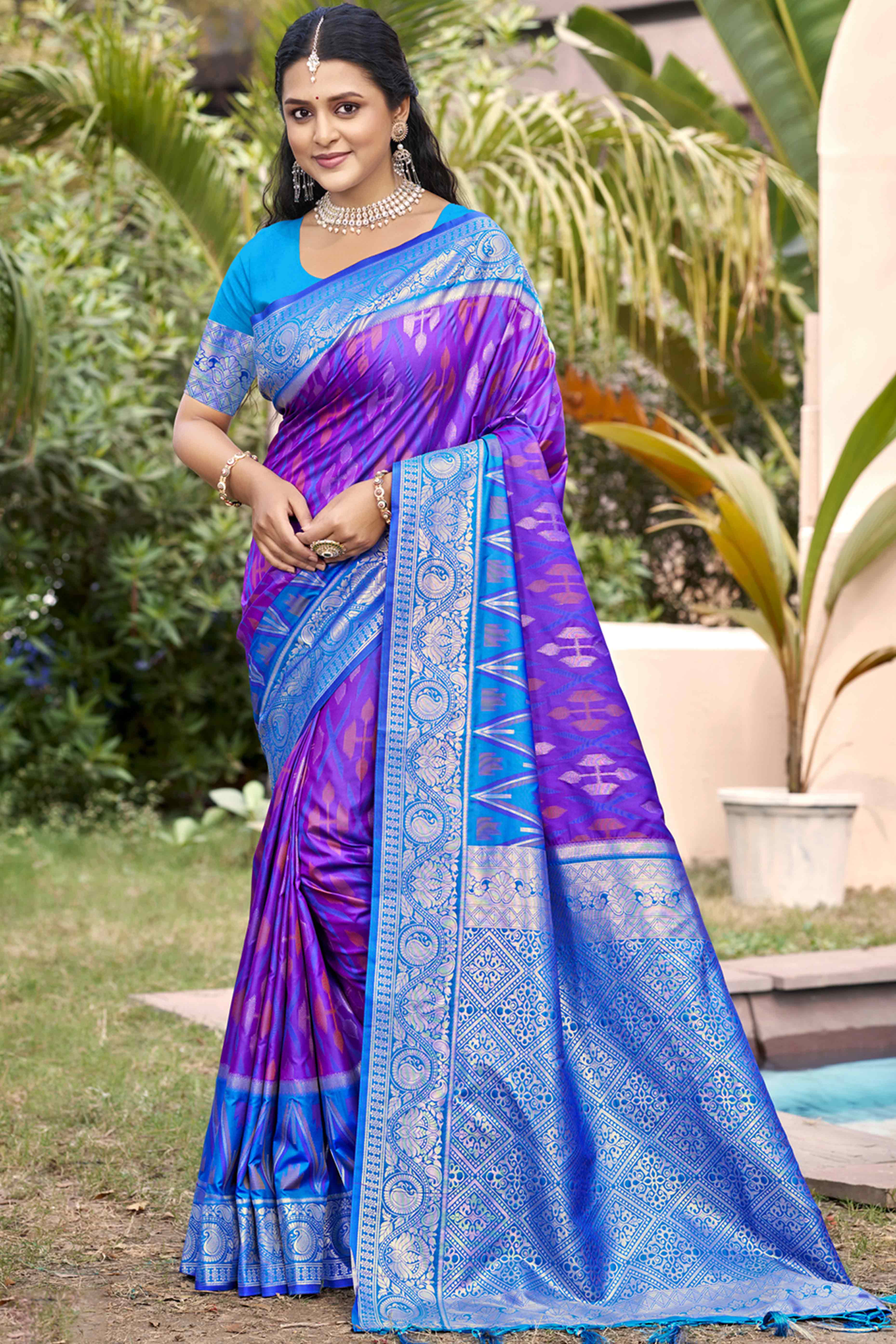 Violet & Blue Woven Cotton Silk Saree With Tassels