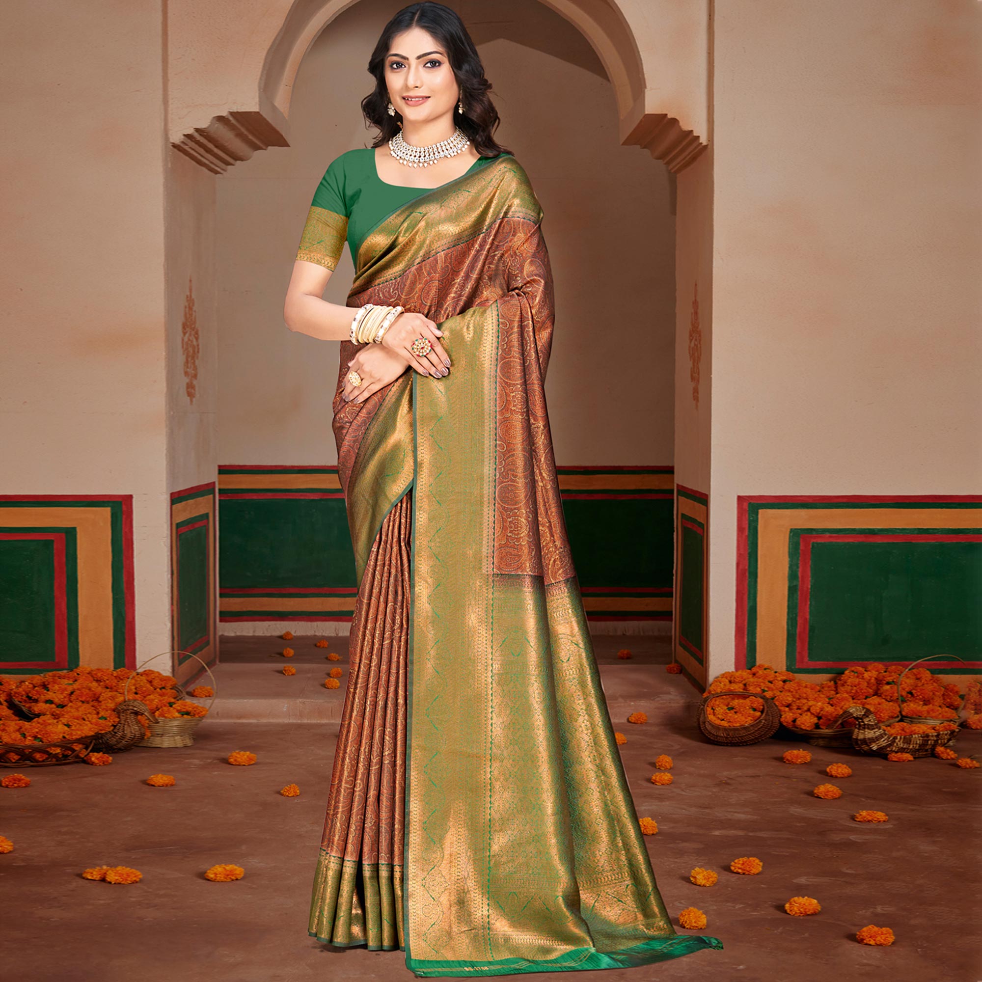 Brown & Green Woven Vichitra Silk Saree With Tassels