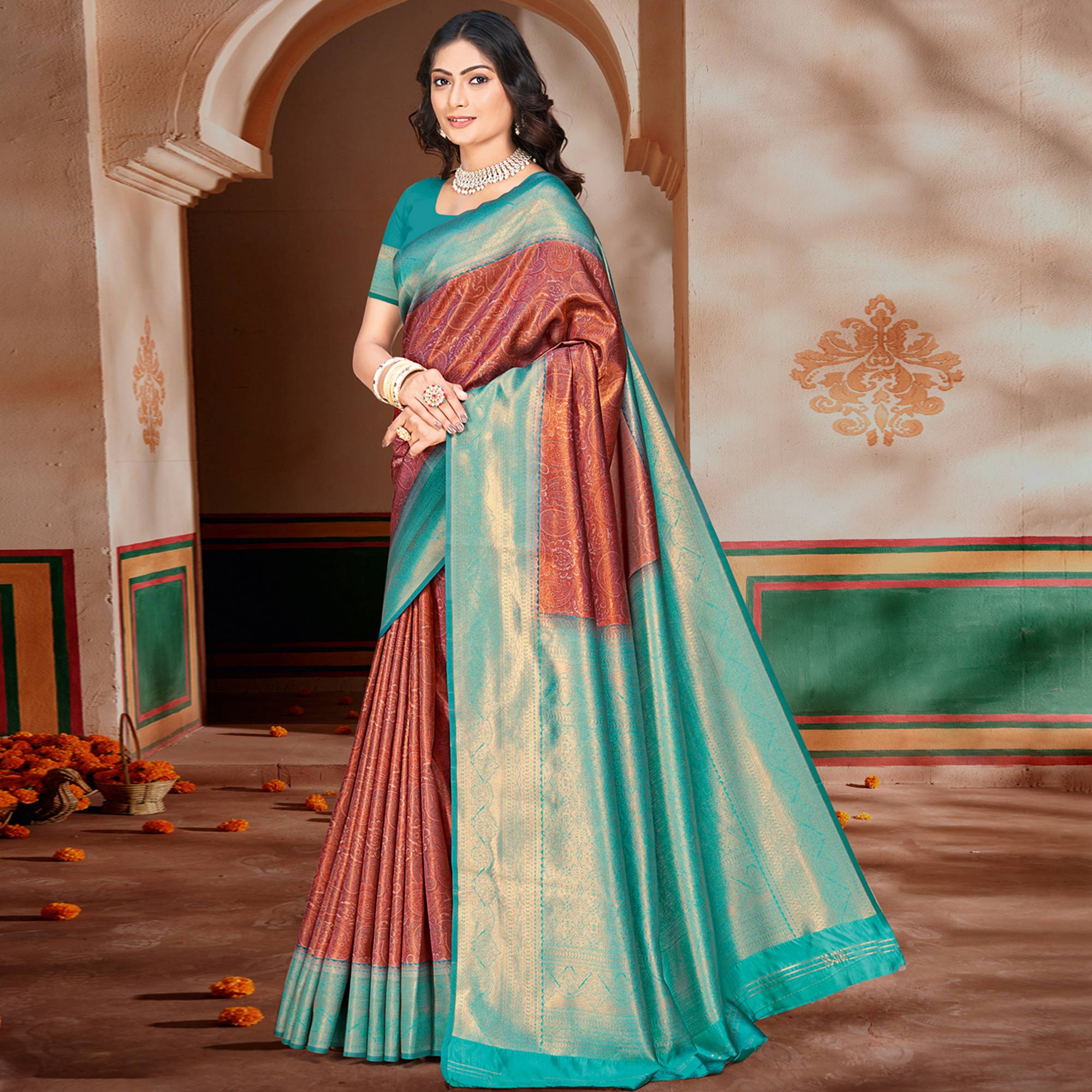 Rust & Blue Woven Vichitra Silk Saree With Tassels