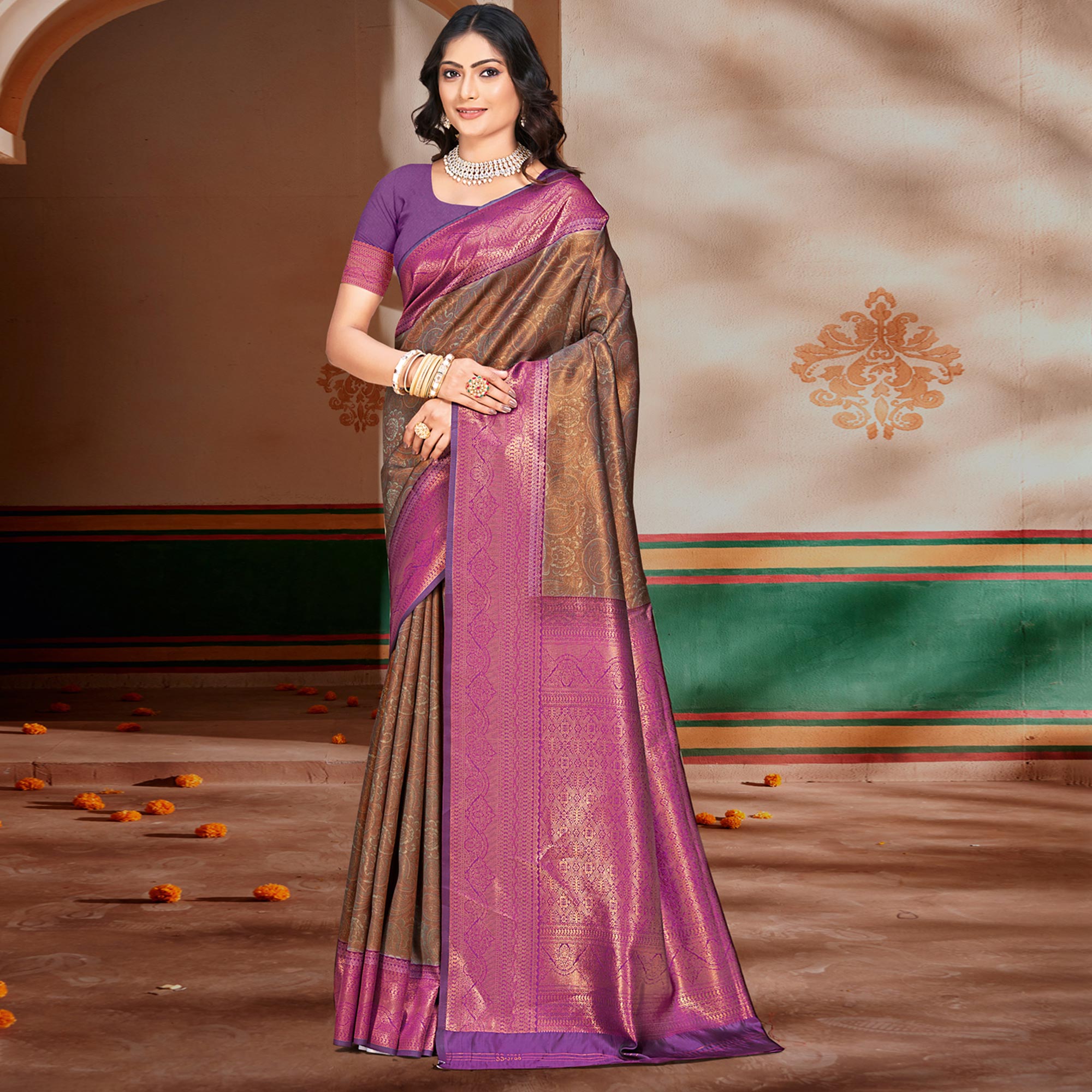 Brown & Purple Woven Vichitra Silk Saree With Tassels