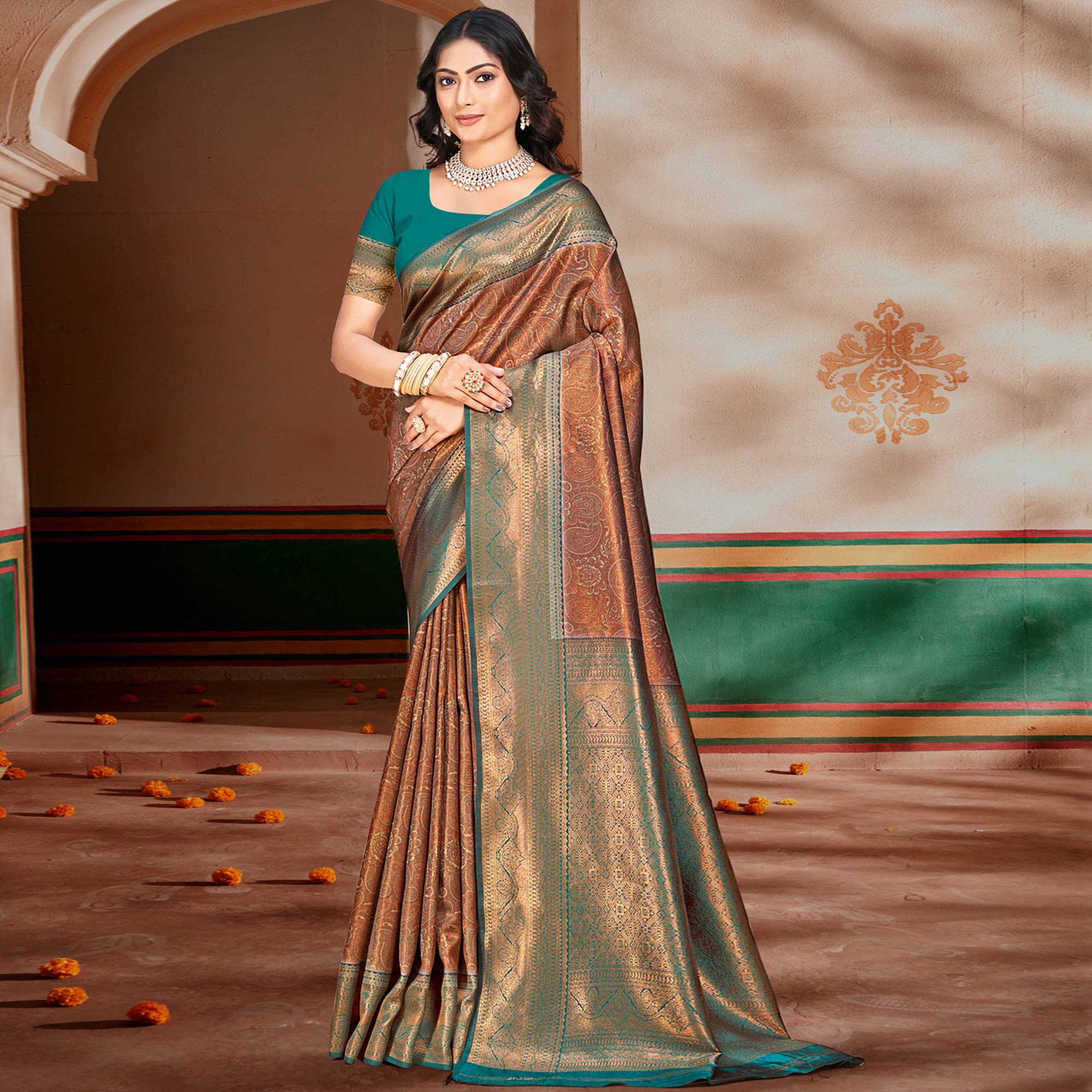 Brown & Rama Blue Woven Vichitra Silk Saree With Tassels